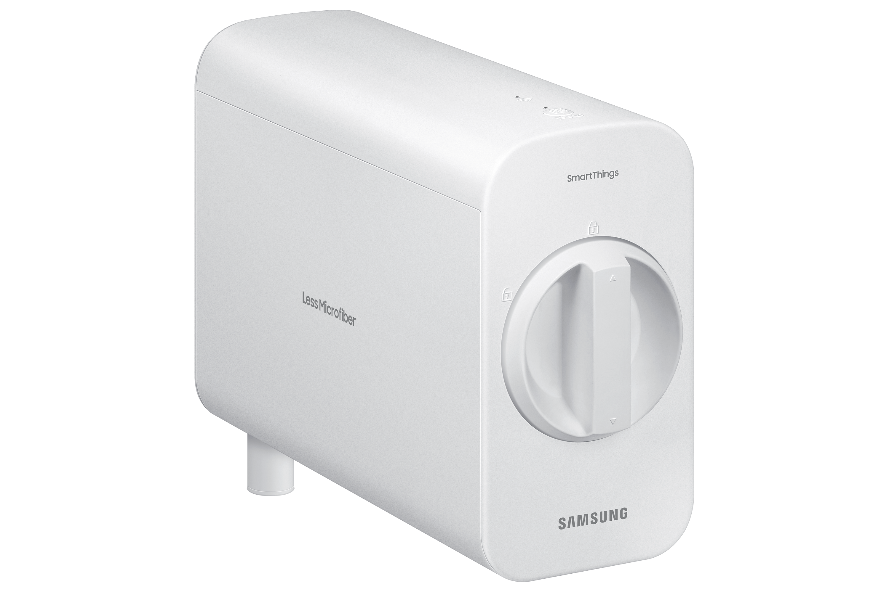 Weißes, zylindrisches Gerät mit einem Knopf und der Aufschrift Less Microfiber und SmartThings.