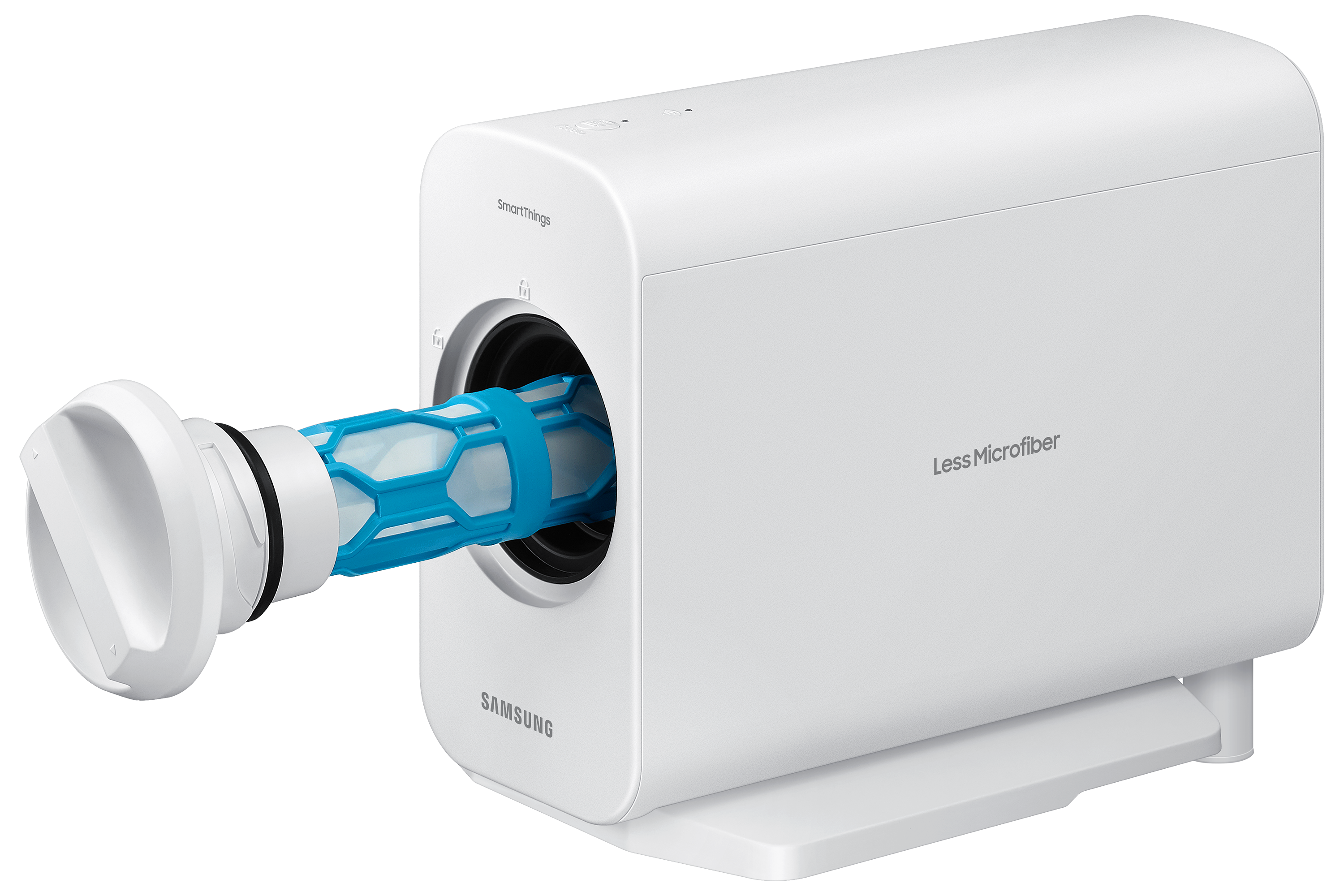 Weißes Samsung-Gerät mit blauem Filter, schräge Ansicht, beschriftet mit 'Less Microfiber'.
