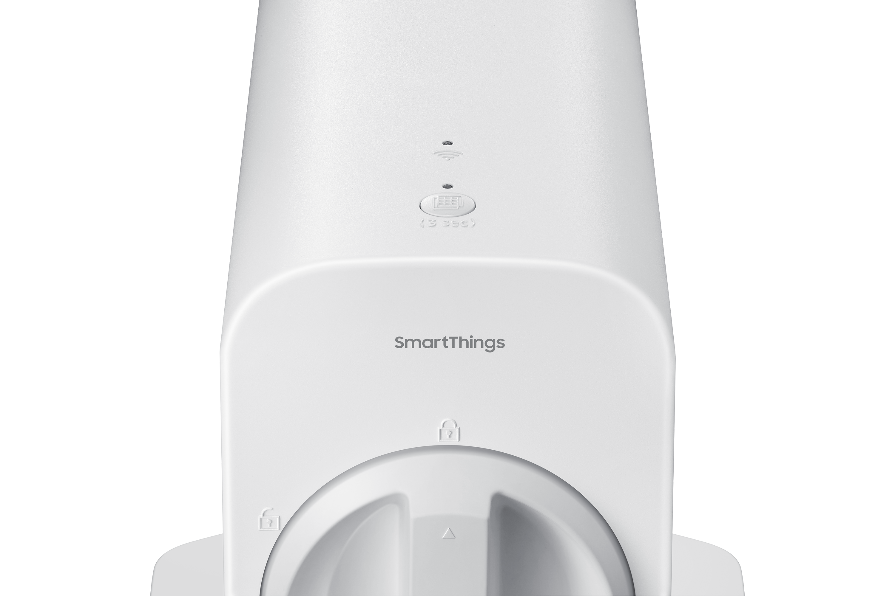 Ein weißer SmartThings-Hub, der den Markennamen zeigt, mit zwei kleinen Lichtern und einem Knopf.