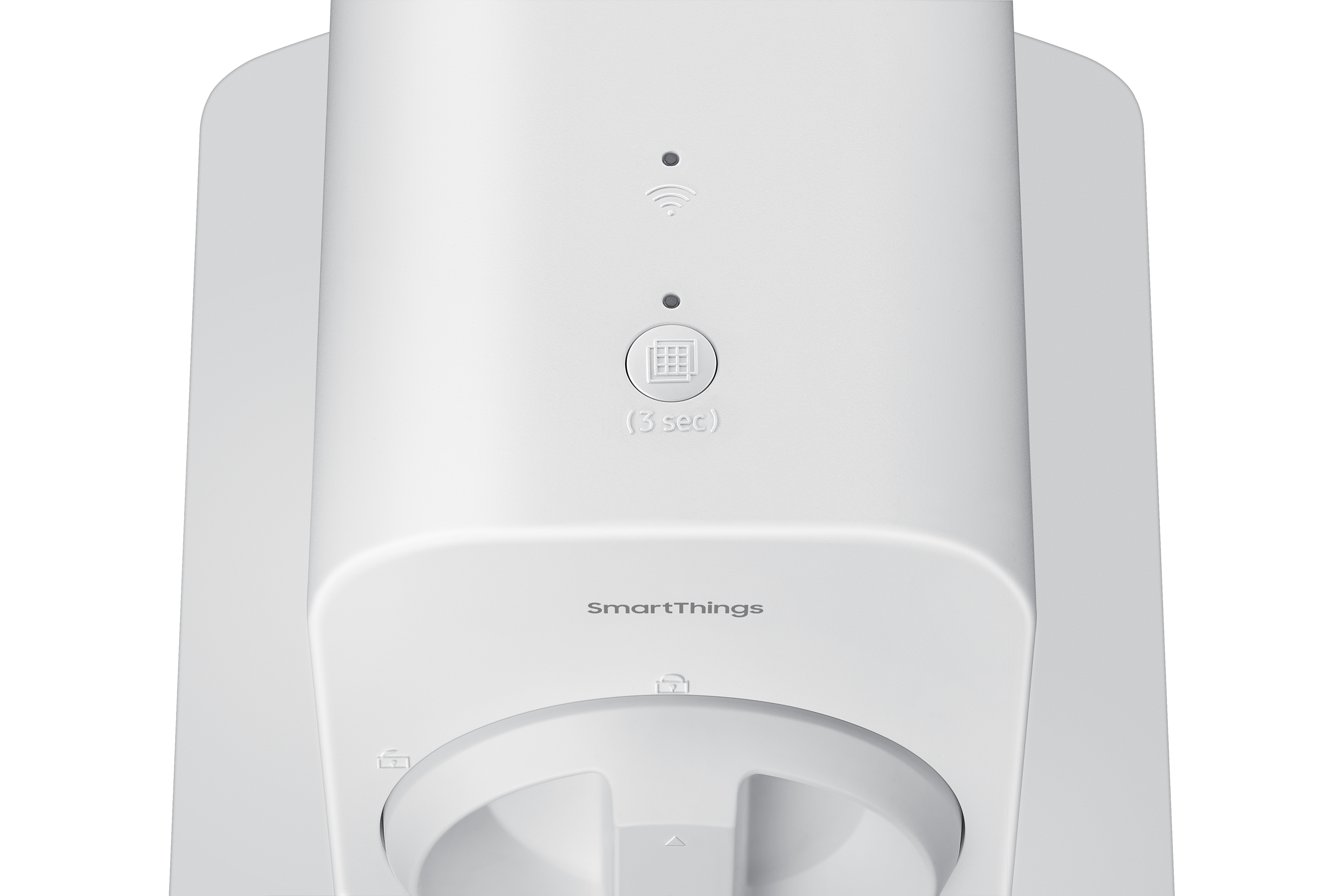Weißes SmartThings-Gerät mit Knopf und Lichtern. WLAN-Symbol sichtbar.