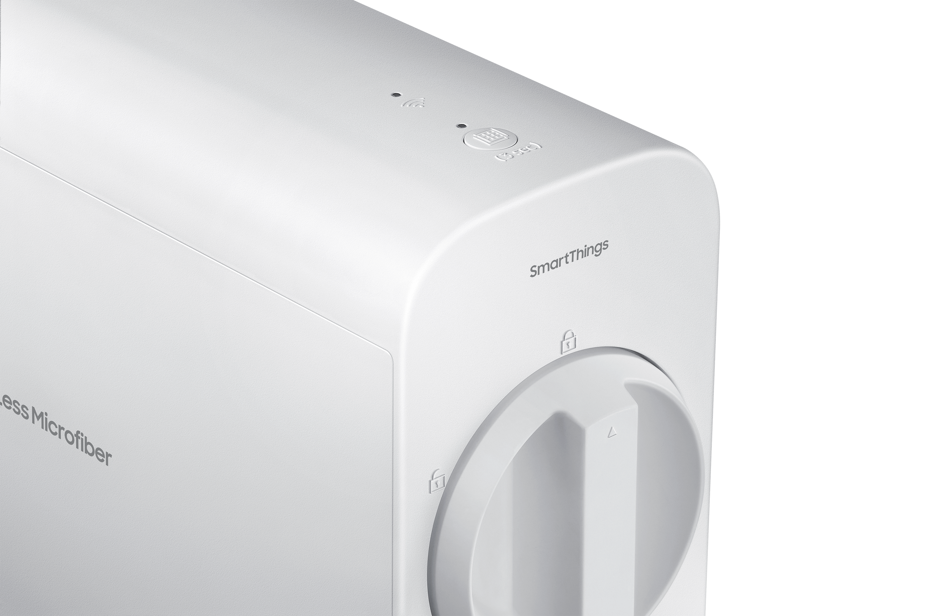 Nahaufnahme eines weißen Geräts mit Drehknopf und SmartThings-Logo.