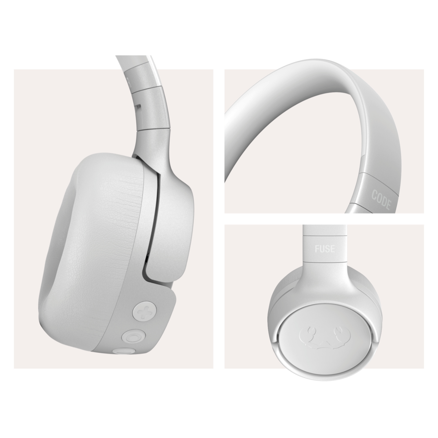 Witte koptelefoon, met secties met de labels 'CODE' en 'FUSE'. Drie hoeken worden getoond.