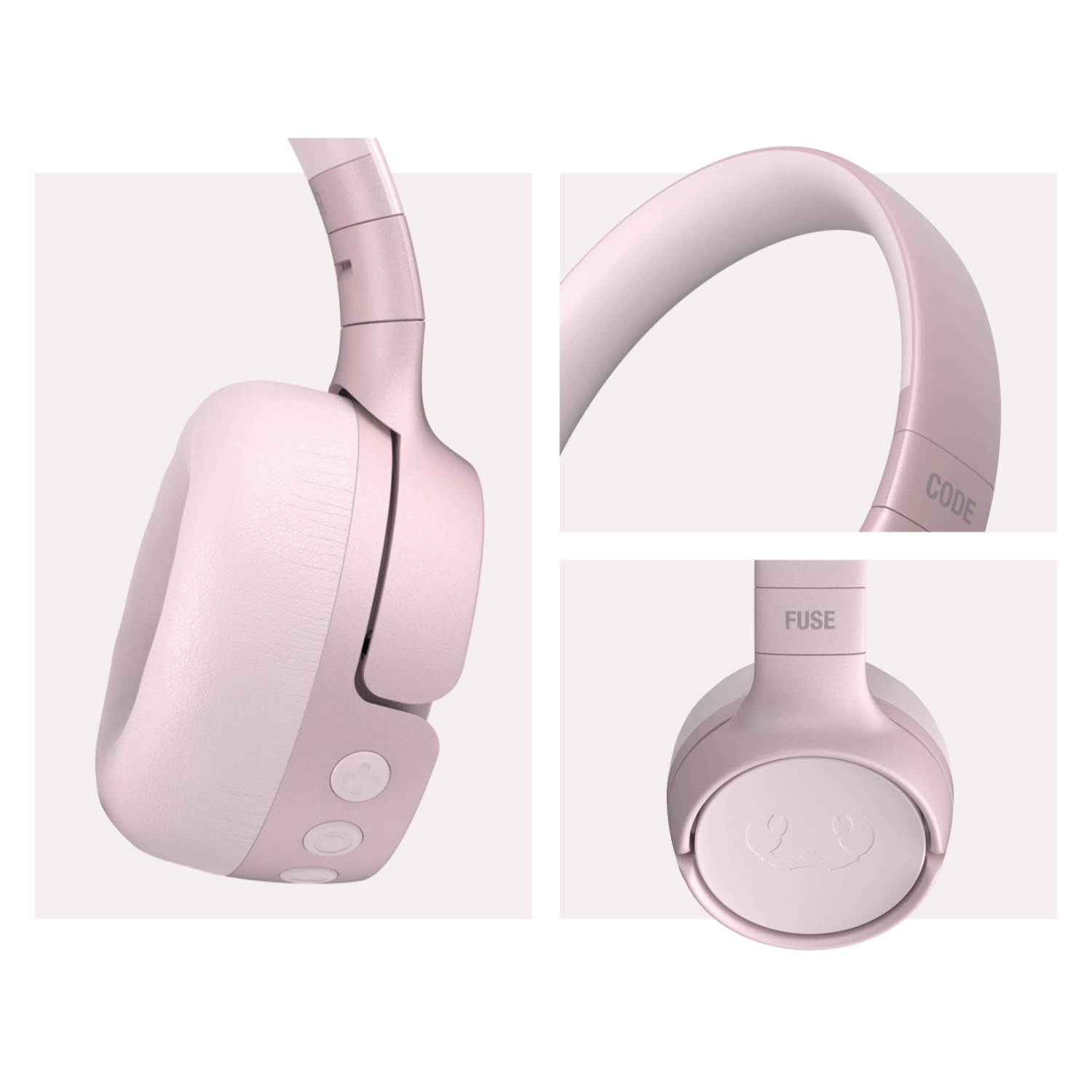 Close-up van een roze koptelefoon. Details: oorschelpen, hoofdband en knoppen.