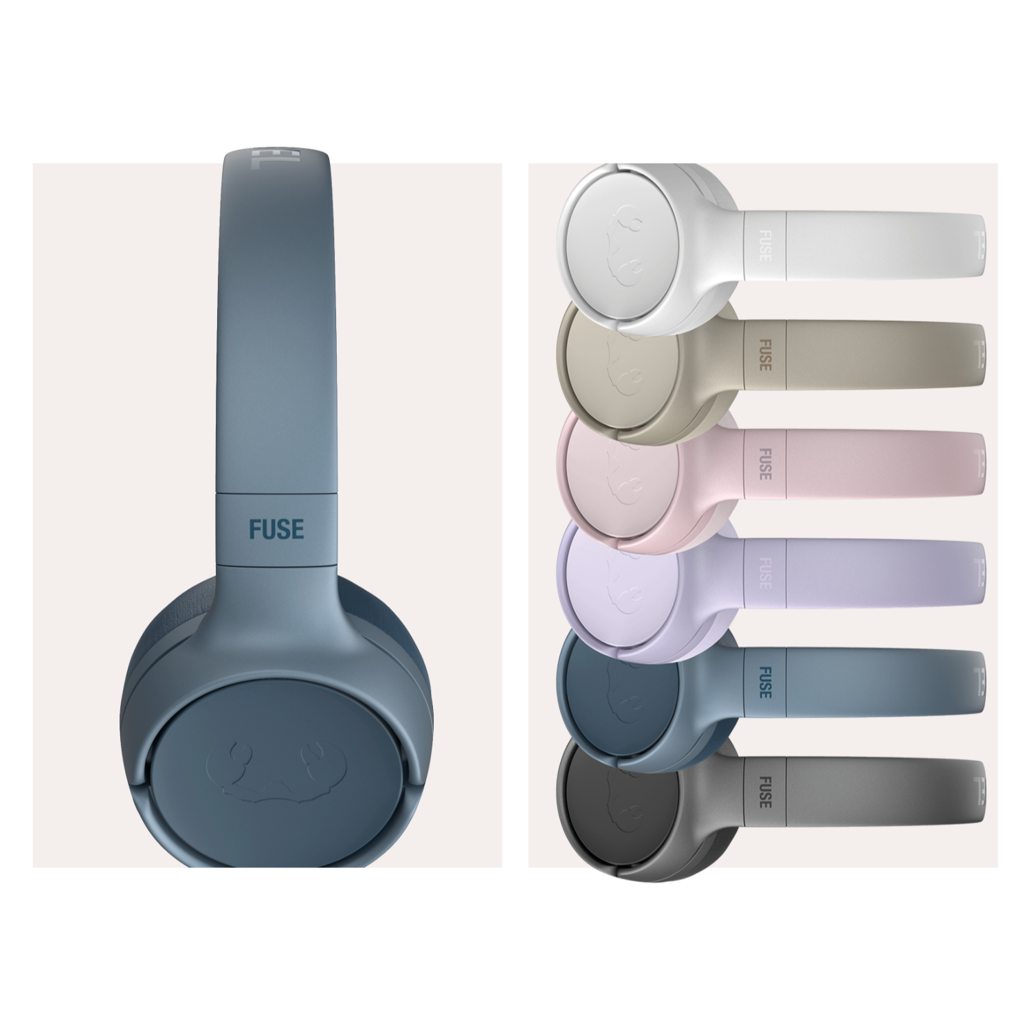 Afbeelding toont Fuse-hoofdtelefoons in verschillende kleuren: blauw, wit, grijs, roze, paars en andere tinten. Elk heeft de merknaam erop.