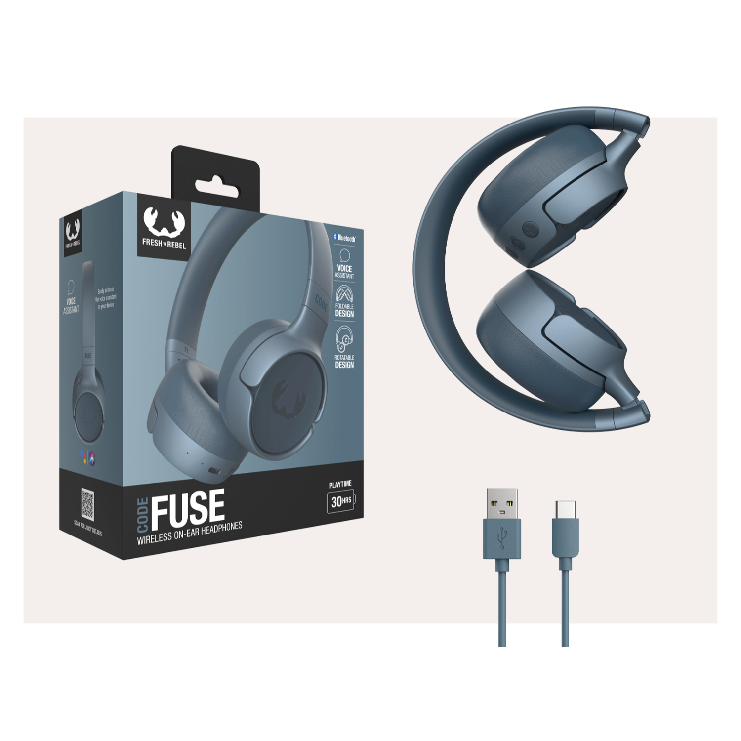Blauwe koptelefoon met een doos. Op de doos staat 'FUSE' en 'WIRELESS'.