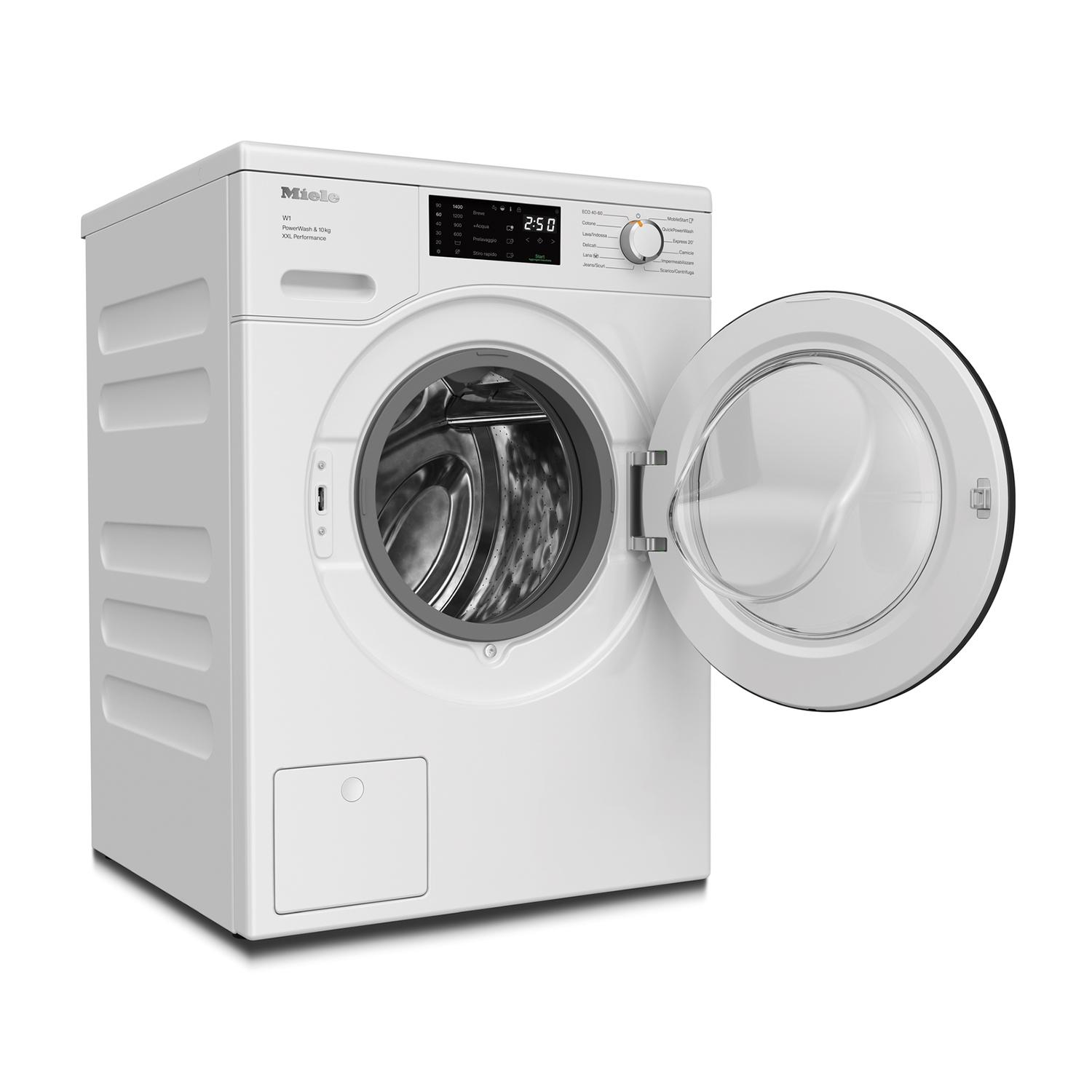 Lavatrice Miele bianca con porta aperta, che mostra l'interno.