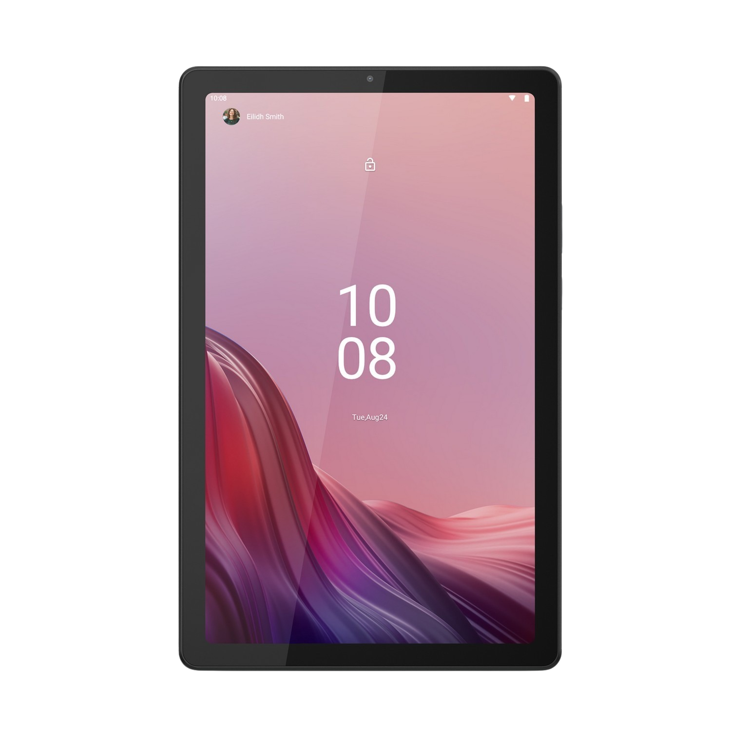 Tablette noire affichant un écran de verrouillage avec l'heure et la date.
