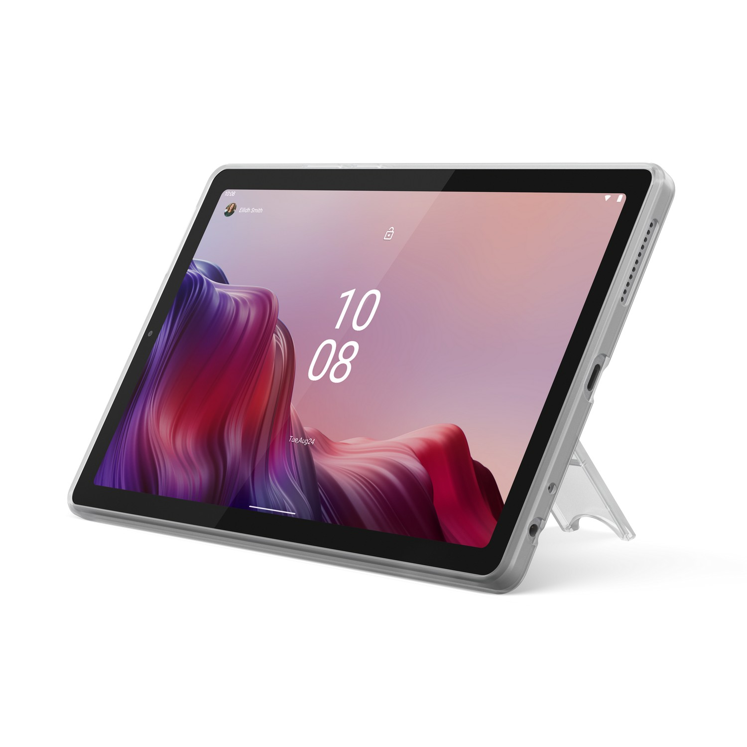 Une tablette Lenovo avec un étui debout. L'écran affiche l'heure et un arrière-plan coloré.