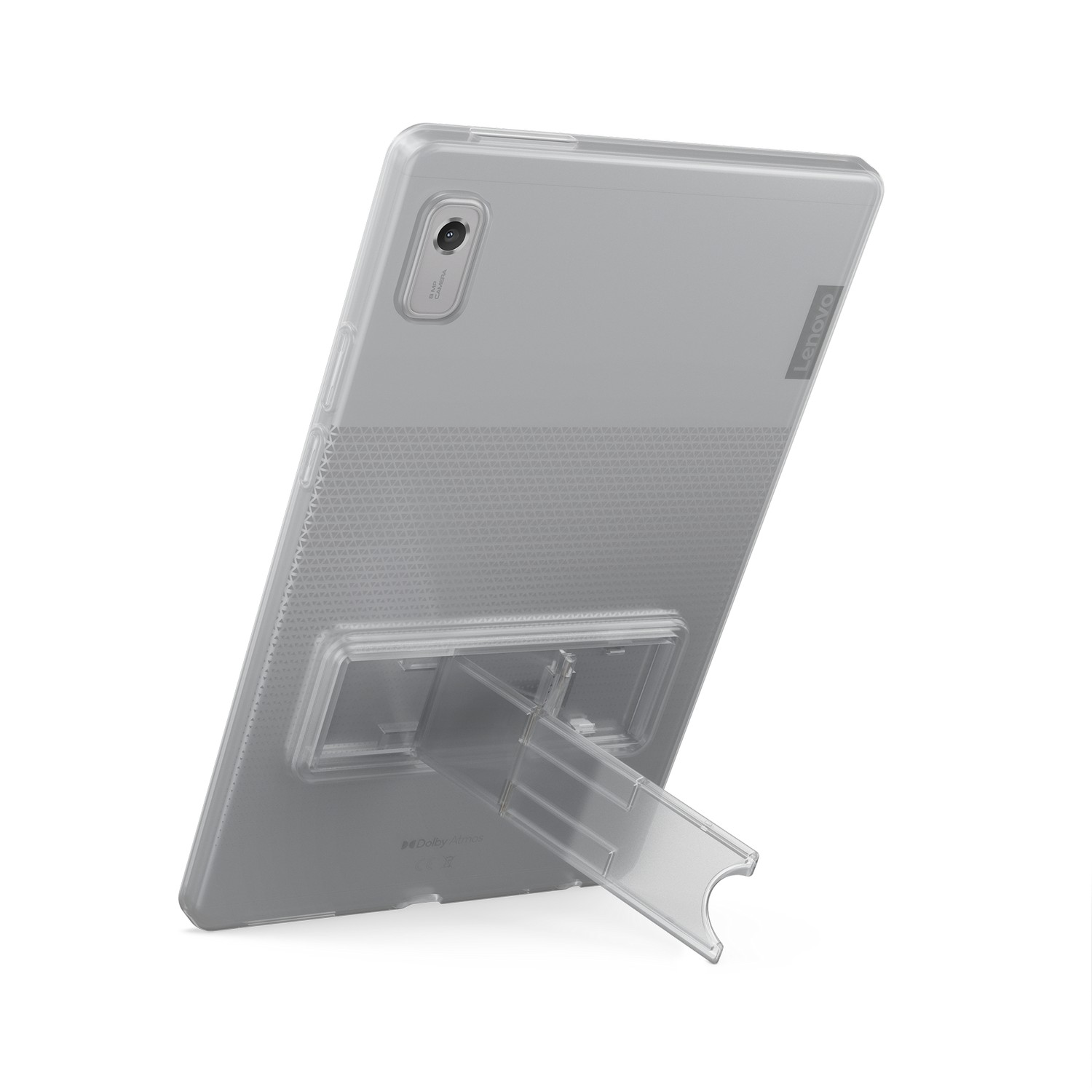 Coque de tablette transparente avec support, vue en angle, sur fond blanc.