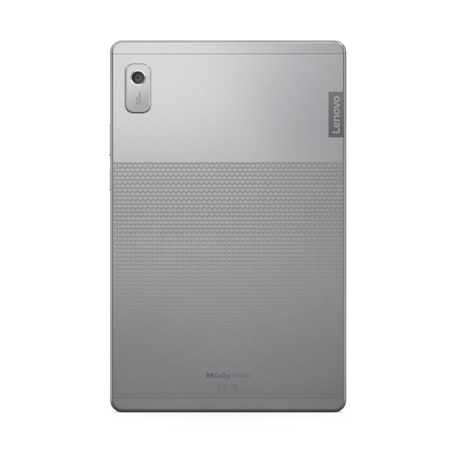 Dos de la tablette Lenovo argentée. Une caméra et le logo Lenovo sont visibles. Fond blanc.