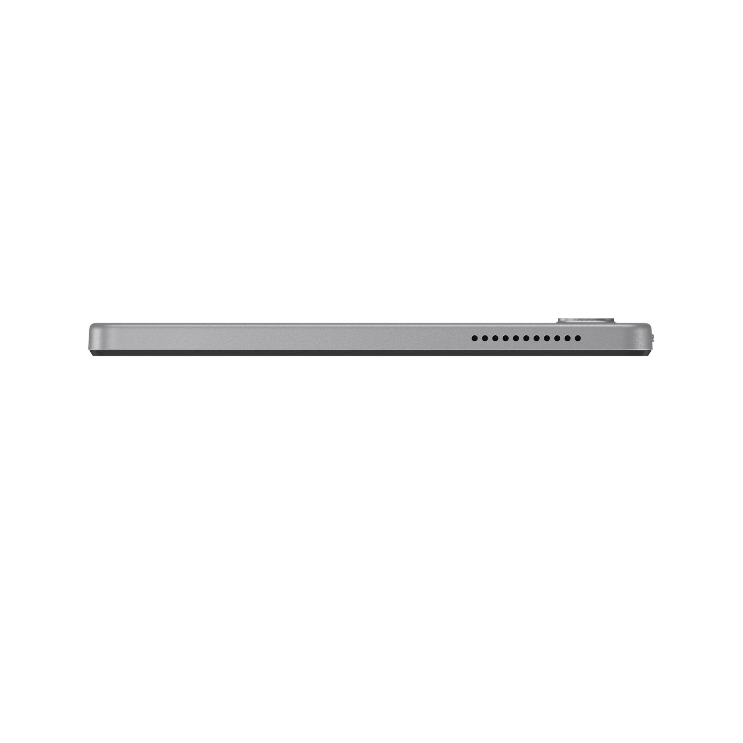 Vue latérale de la tablette Lenovo argentée. Fond blanc.