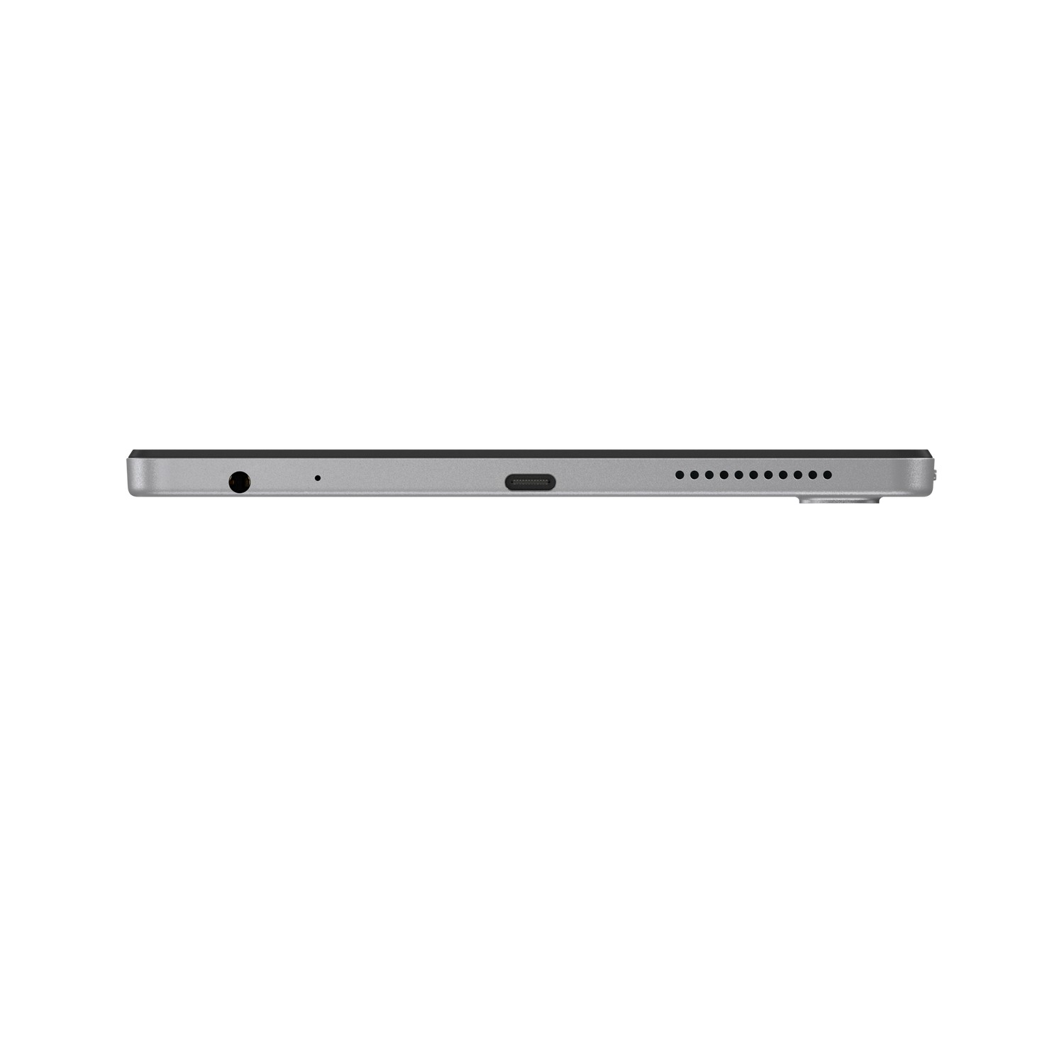 Vue latérale de la tablette Lenovo argentée. Ports visibles. Fond blanc.