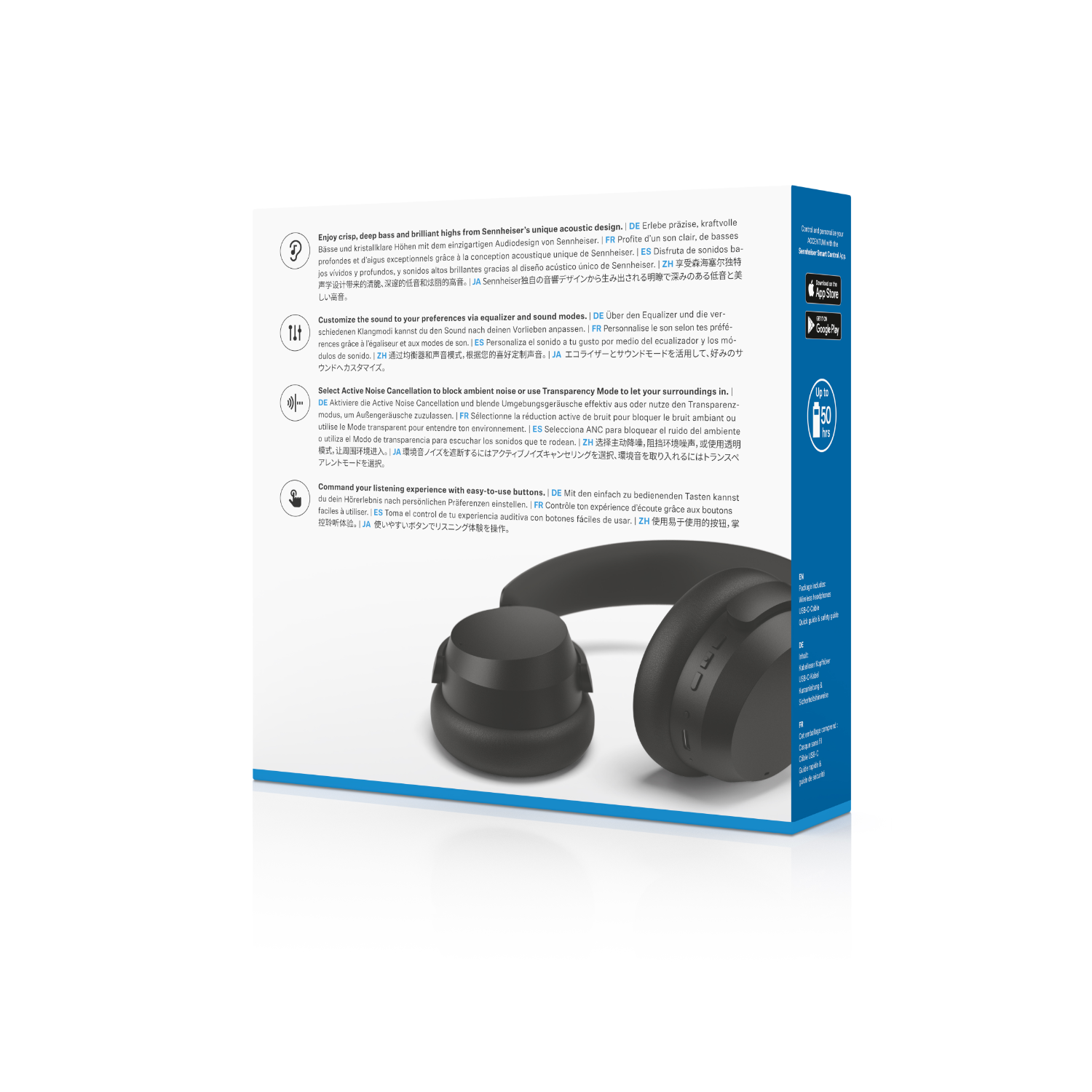 Black headphones on a white background. Text and icons are visible.