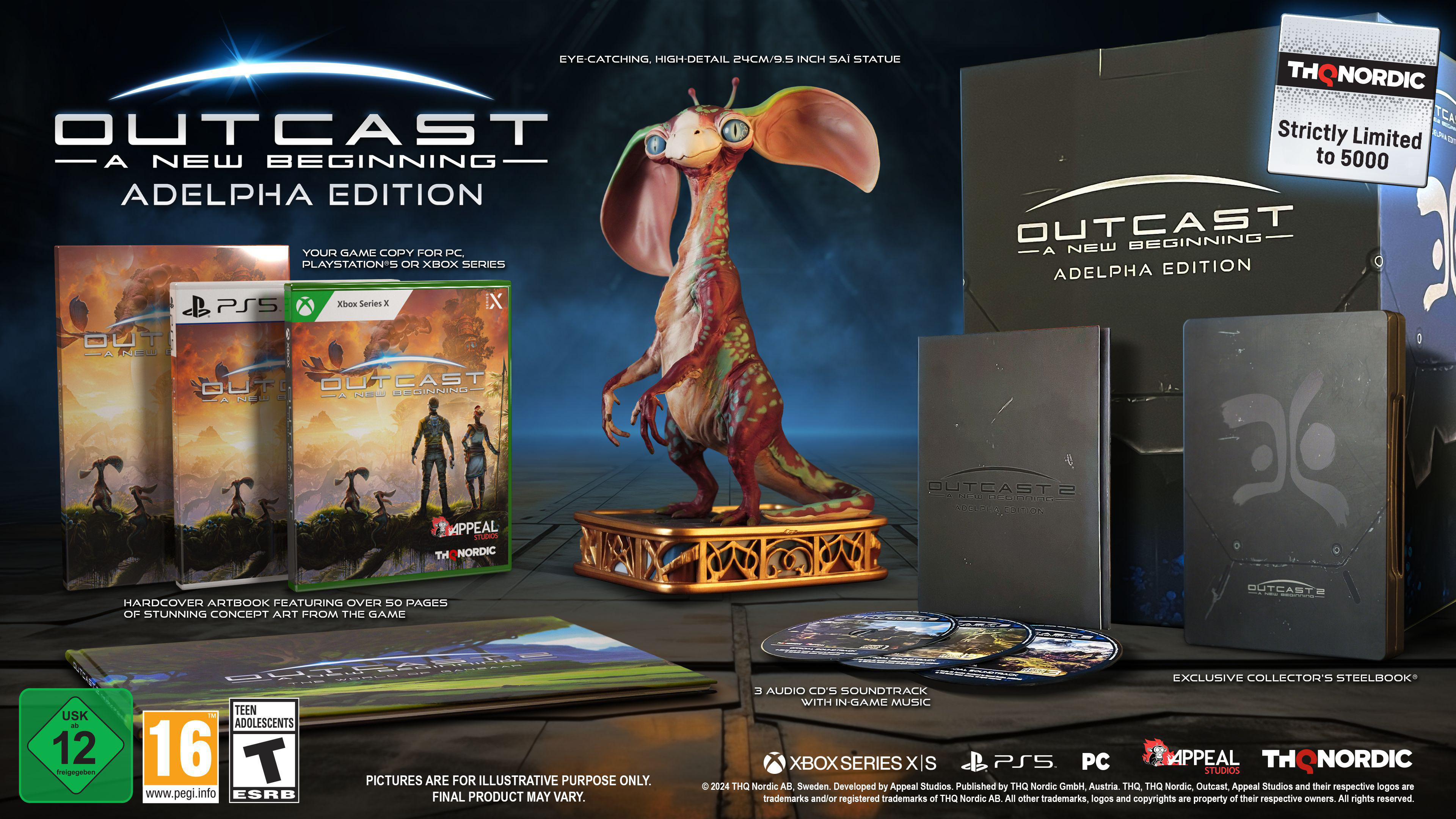 Outcast-Videospiel-Set: Statue, Spielboxen, Artbook, Soundtrack und andere Sammlerstücke.