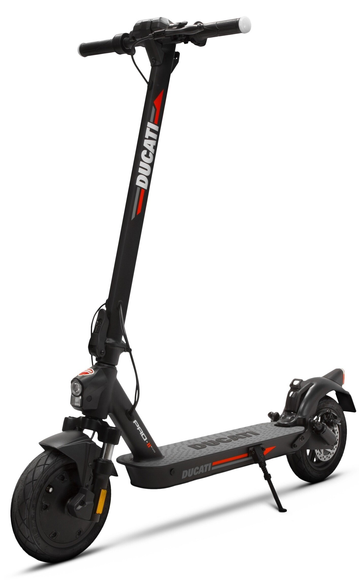 Czarny skuter Ducati Pro na białym tle. Zawiera czerwony wzór w paski.