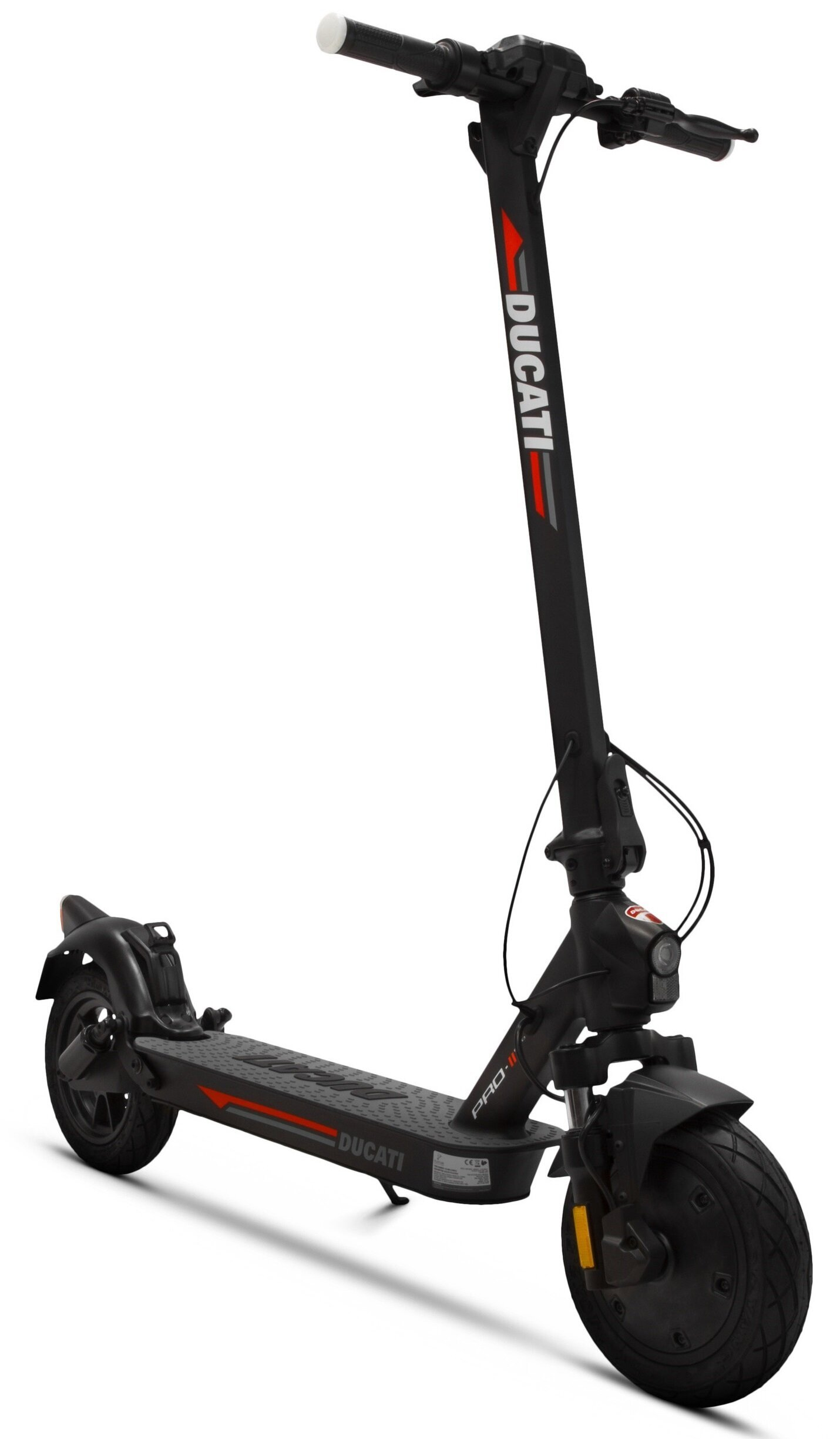 Hulajnoga elektryczna Ducati Pro III, czarna z czerwonymi akcentami, na białym tle.