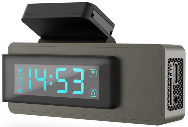 Czarna kamera samochodowa z ekranem wyświetlającym czas i ikony, odizolowana na białym tle.