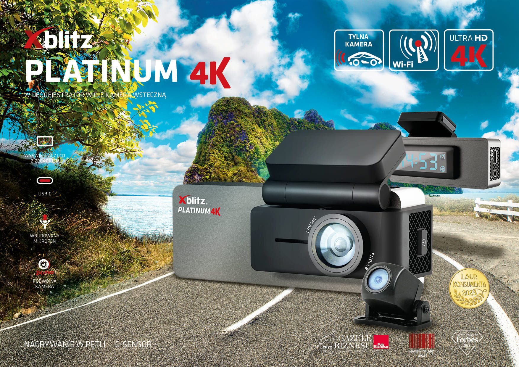 Kamera samochodowa na drodze, z malowniczym tłem gór i nieba.