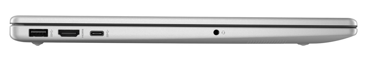 Srebrny laptop z portami z boku. Porty obejmują USB, HDMI i USB-C.