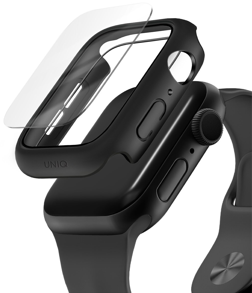 Czarny Apple Watch z zakładaną osłoną ochronną, pokazujący design zegarka.