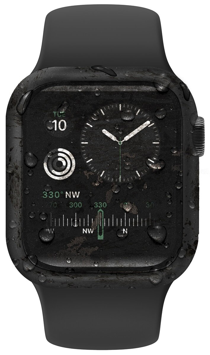 Czarny smartwatch z kroplami wody, pokazujący kompas i godzinę.