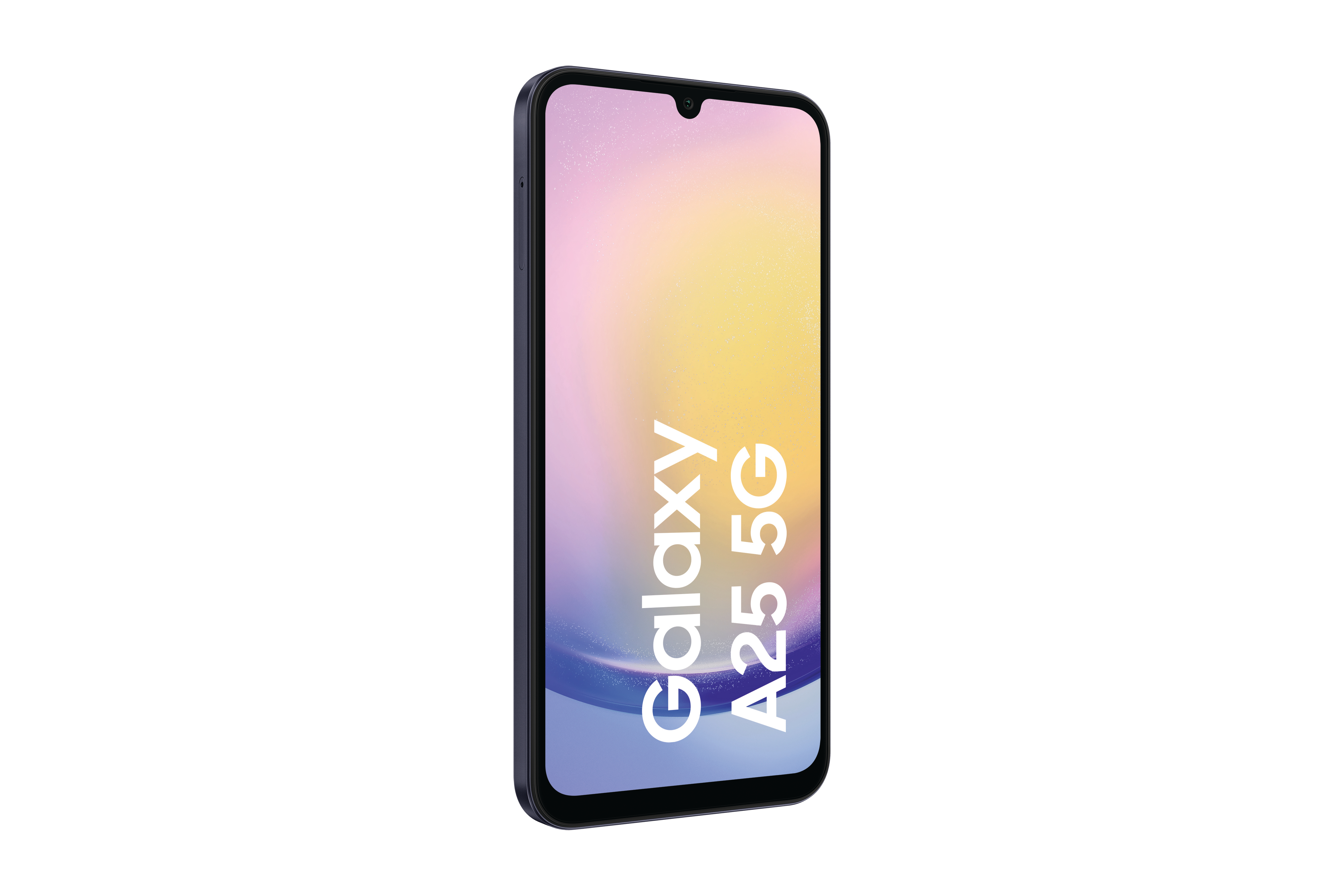 Ein Telefon mit weißem Bildschirm zeigt den Text "Galaxy A25 5G". Das Telefon befindet sich auf weißem Hintergrund.