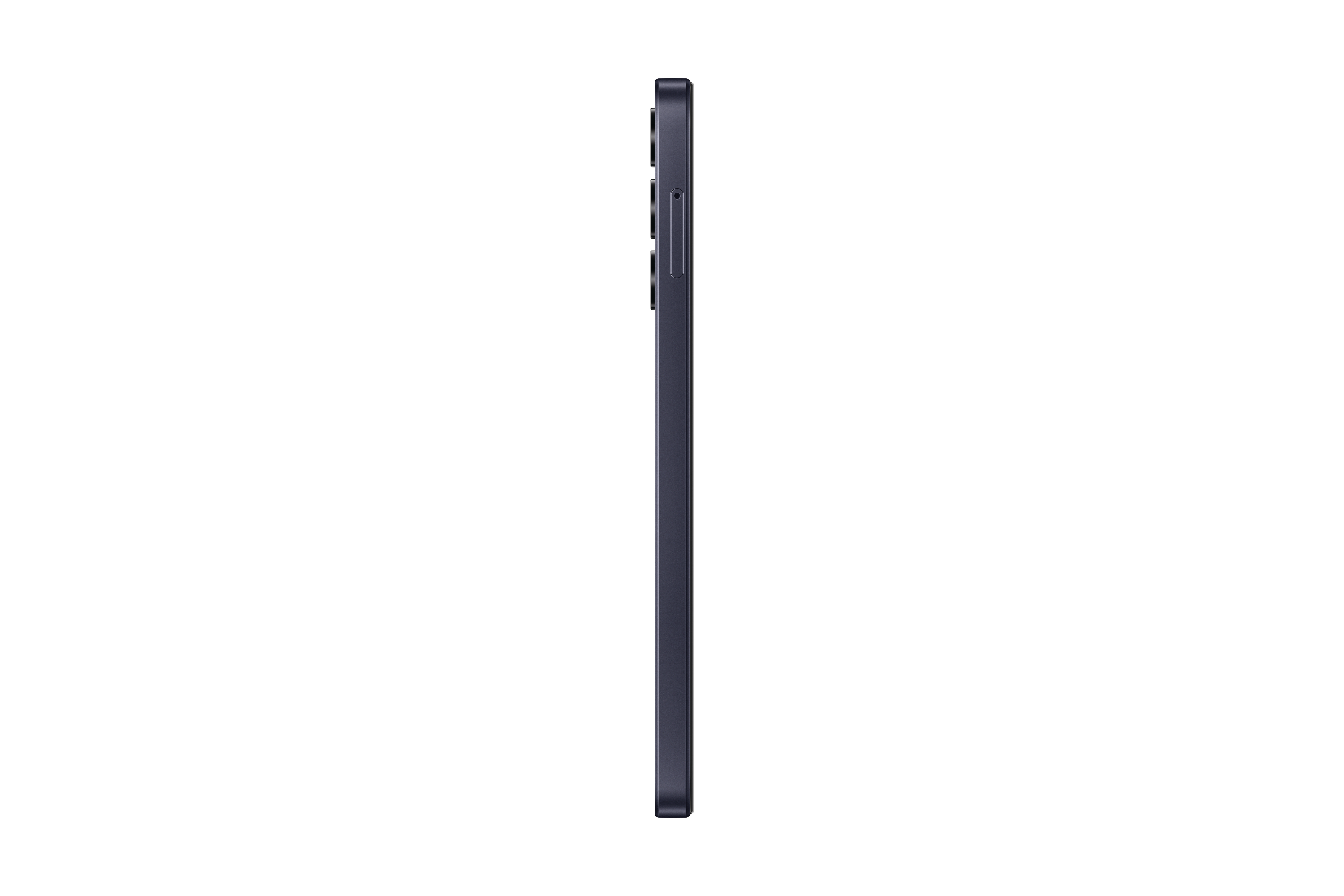 Seitenansicht eines dunkelblauen Telefons. Das Telefon ist hoch und schlank, auf weißem Hintergrund.