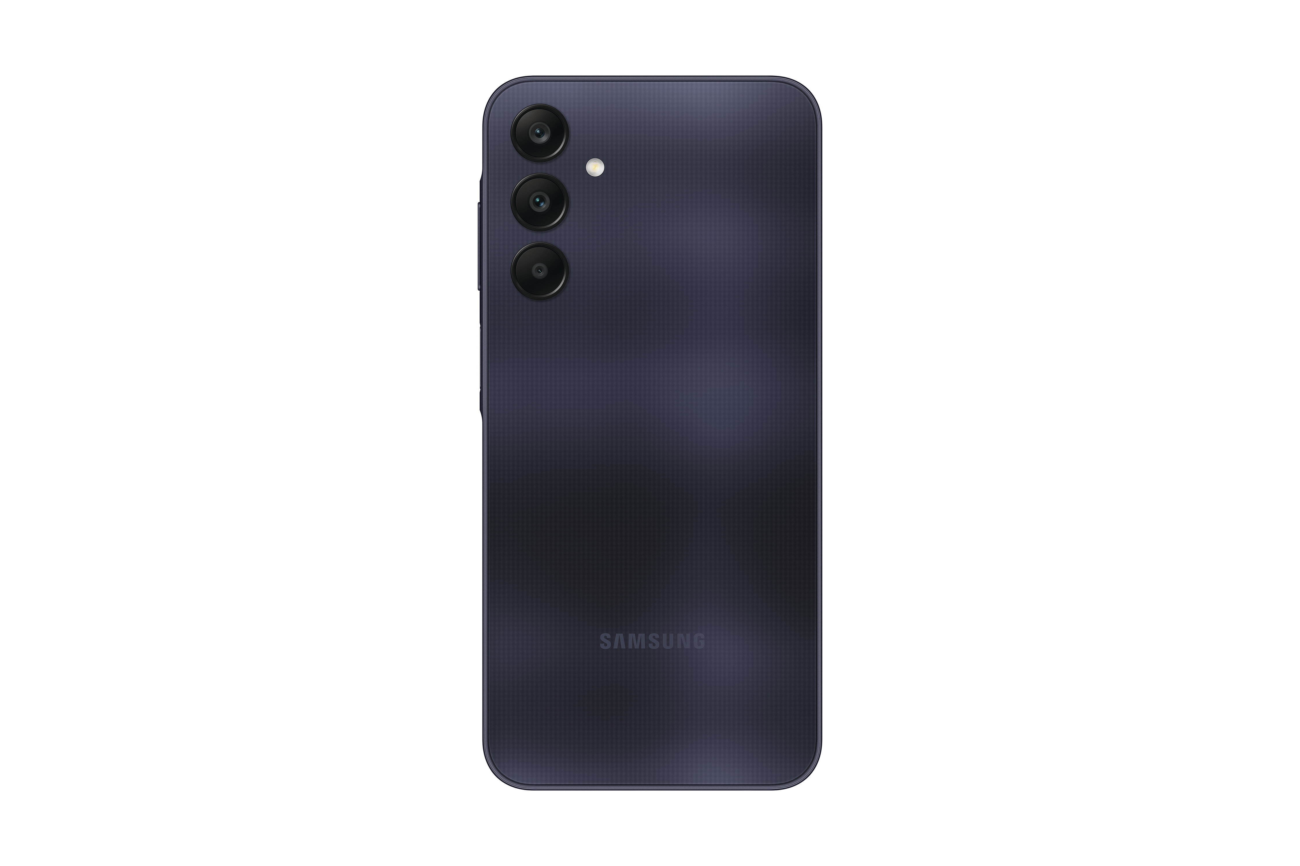 Rückseite eines dunkelblauen Samsung-Telefons mit drei Kameras und Samsung-Logo.