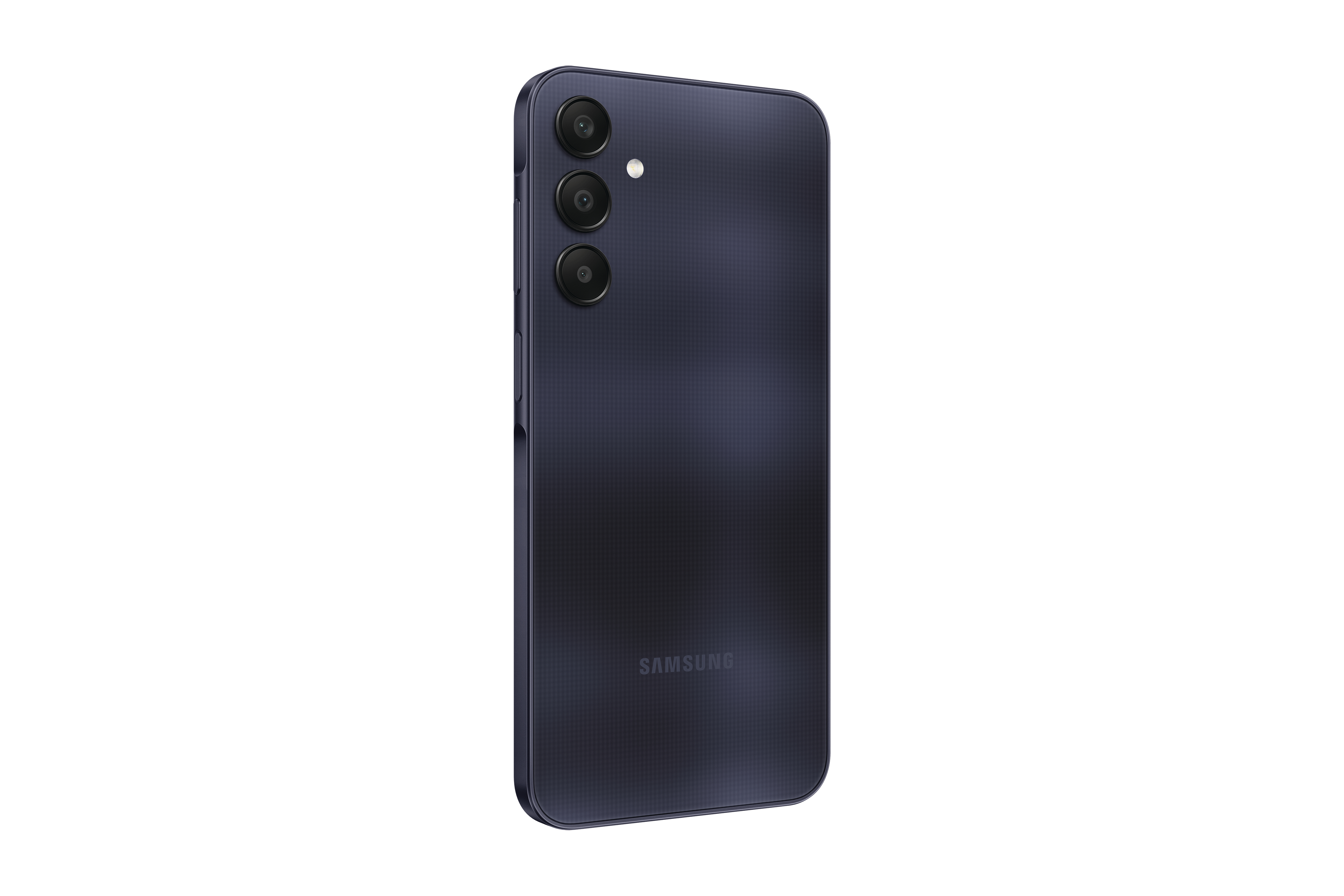 Dunkelblaues Smartphone, Rückansicht. Drei Kameras, Samsung Logo.