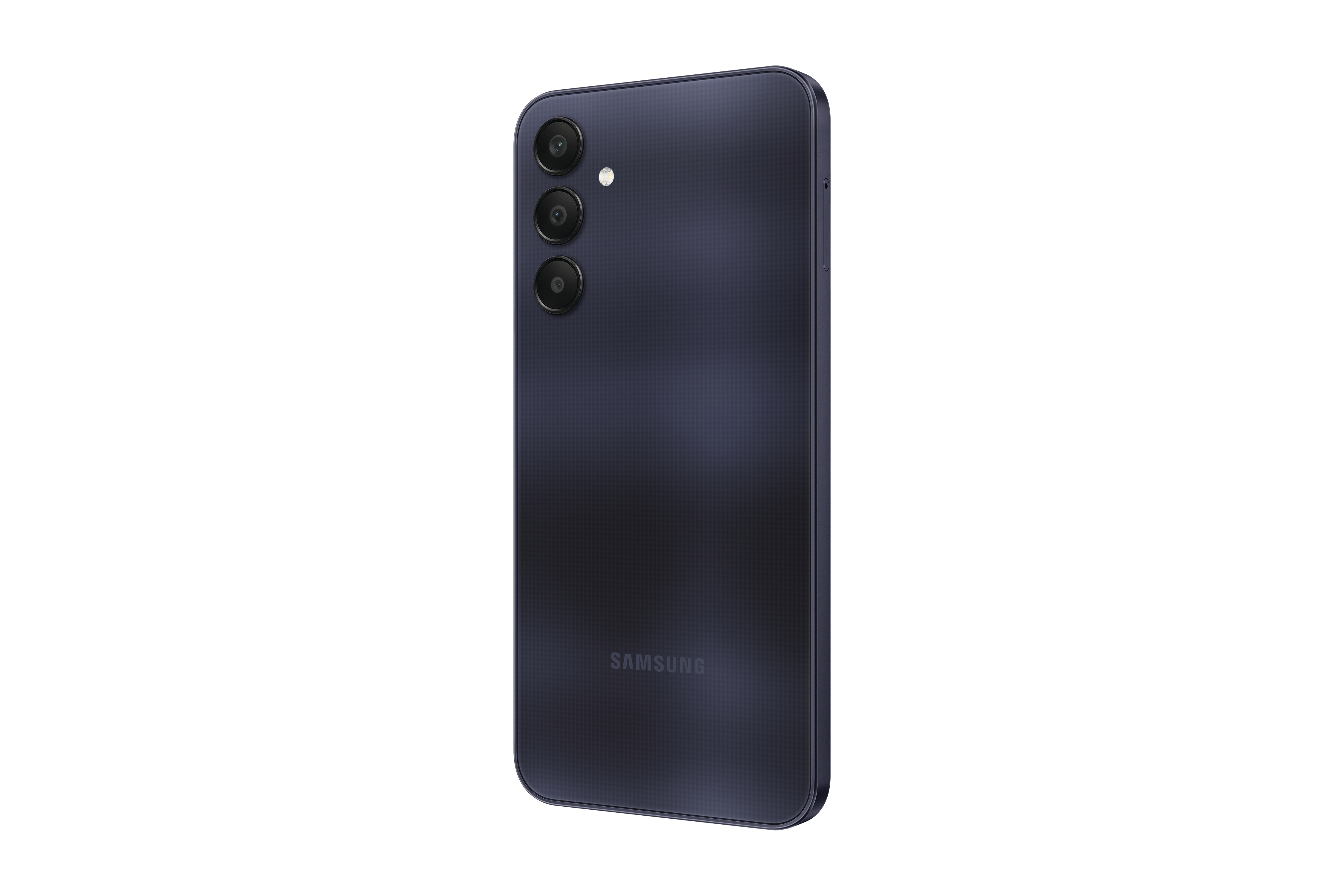 Dunkelblaues Samsung-Telefon, Rückansicht. Dreifachkamera oben links. Samsung-Logo unten.
