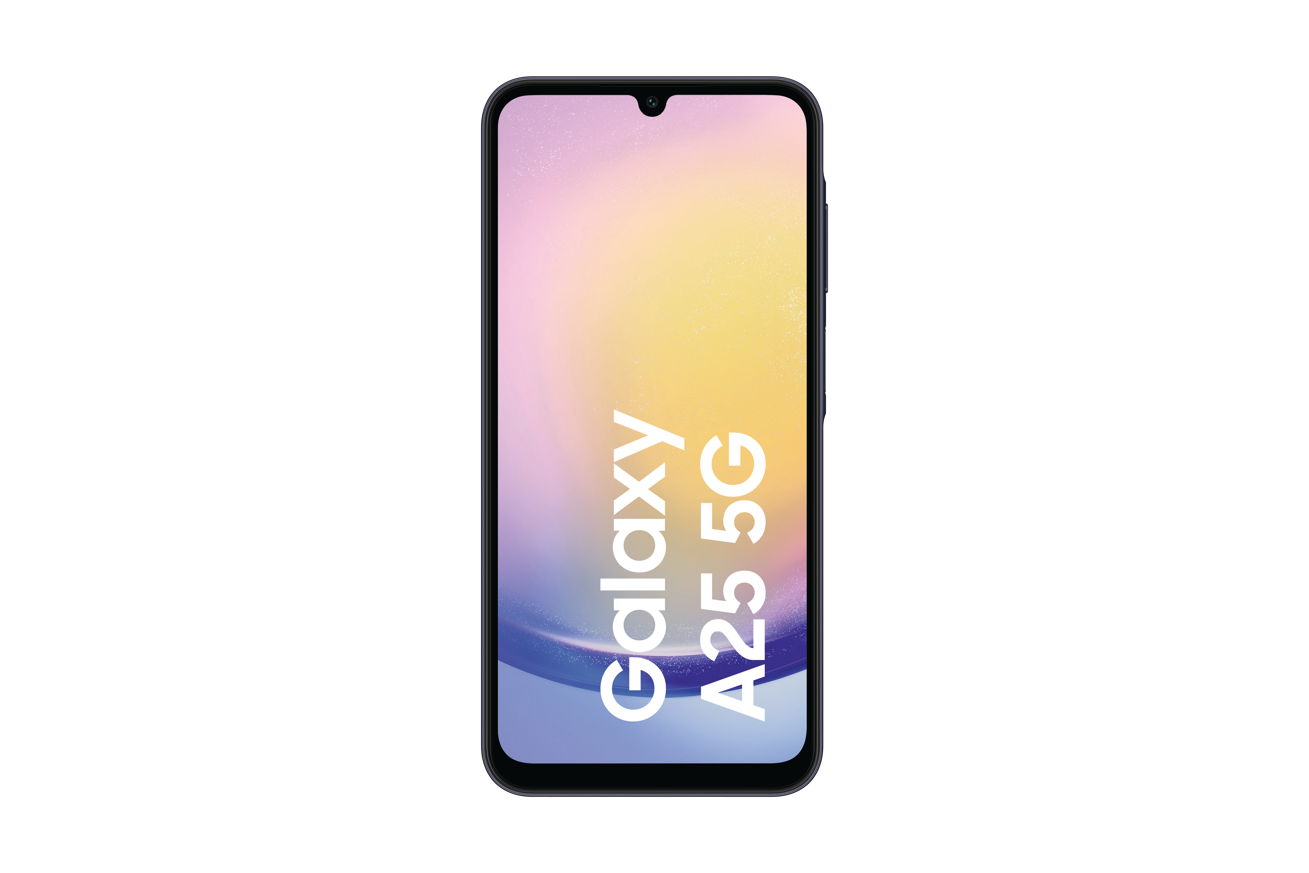 Schwarzes Smartphone mit Galaxy A25 5G Text.