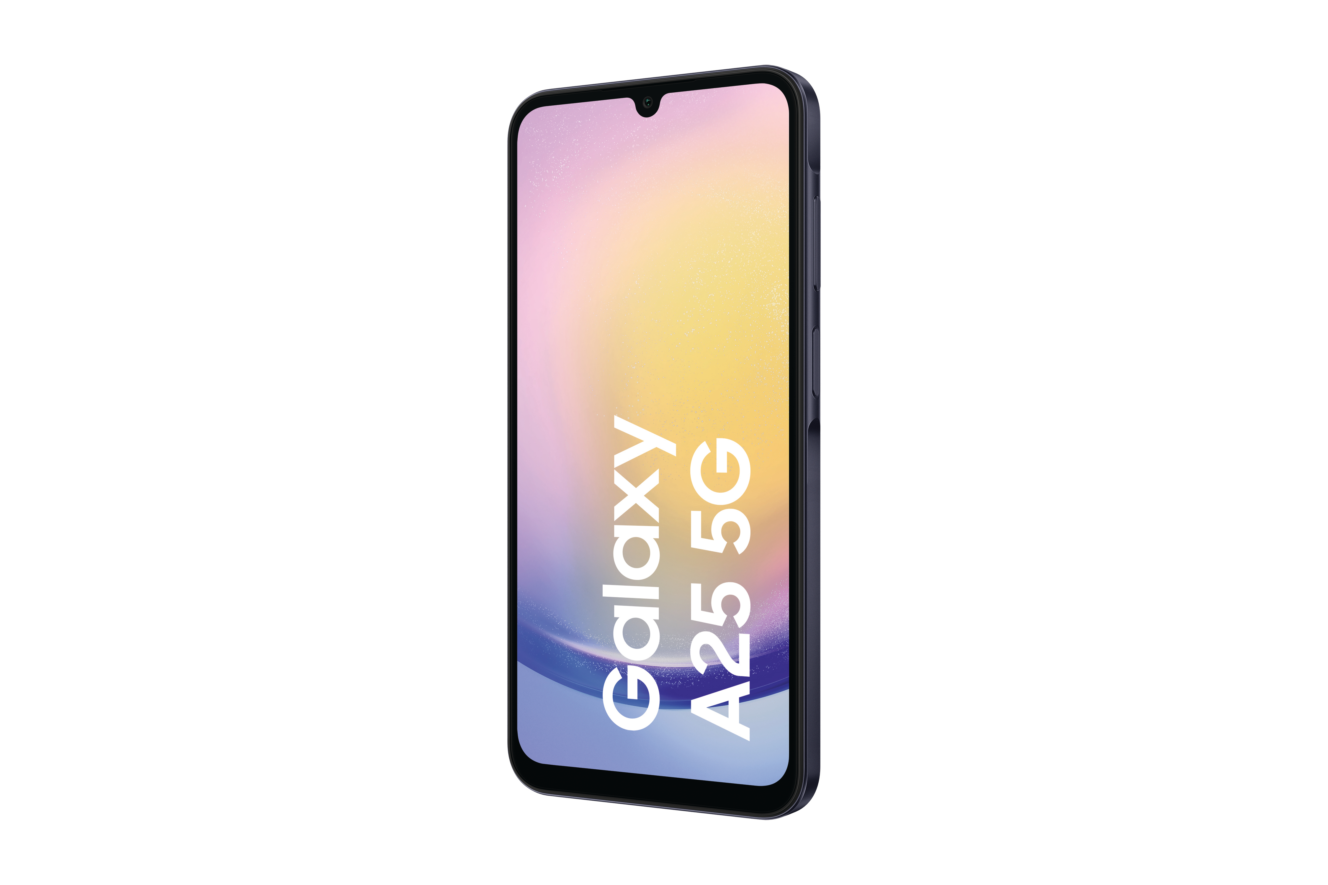 Ein schwarzes Smartphone mit einem Gradientenbildschirm, der 'Galaxy A25 5G' anzeigt.