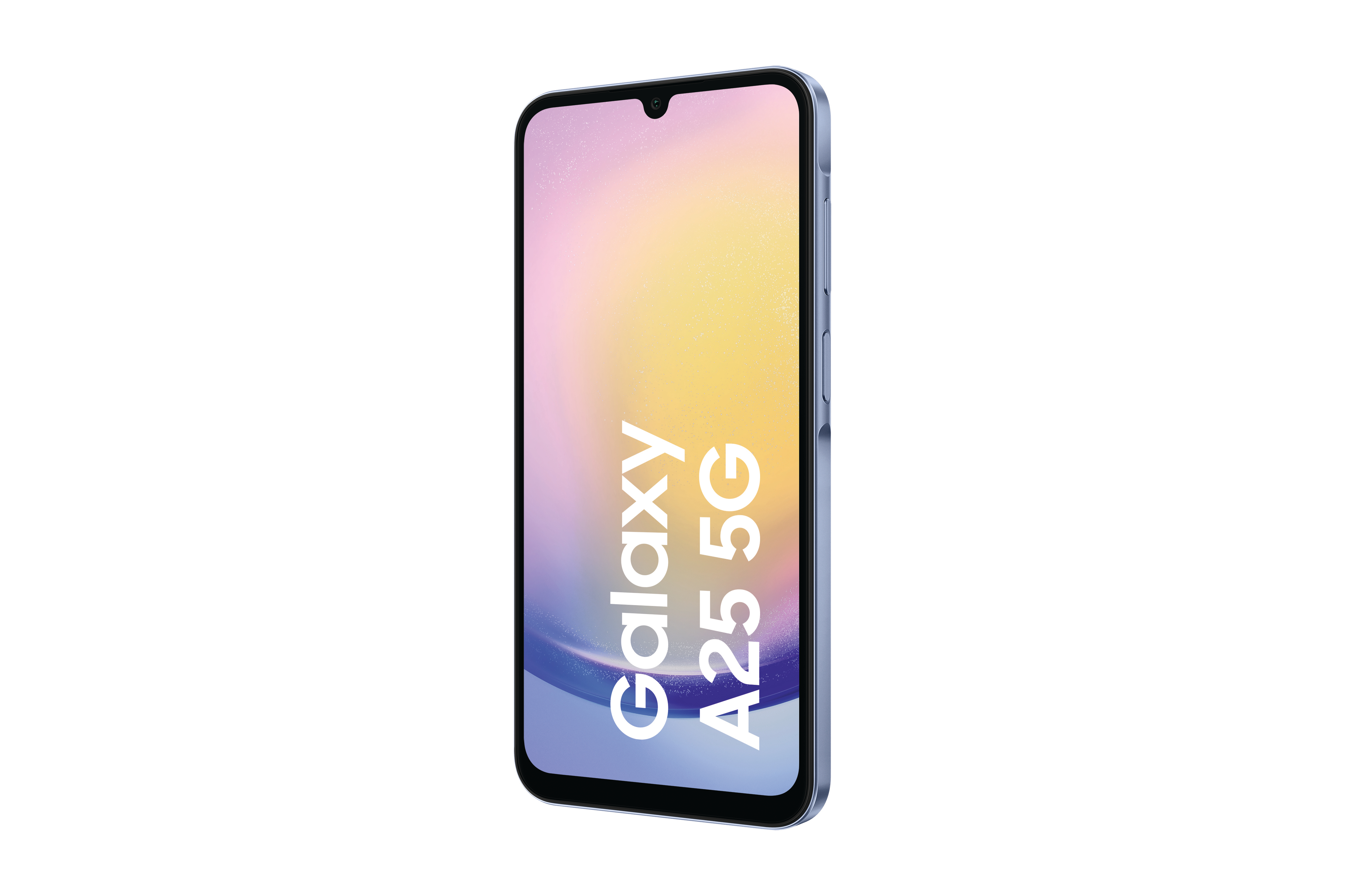 Ein blaues Samsung Galaxy A25 5G-Smartphone steht aufrecht.