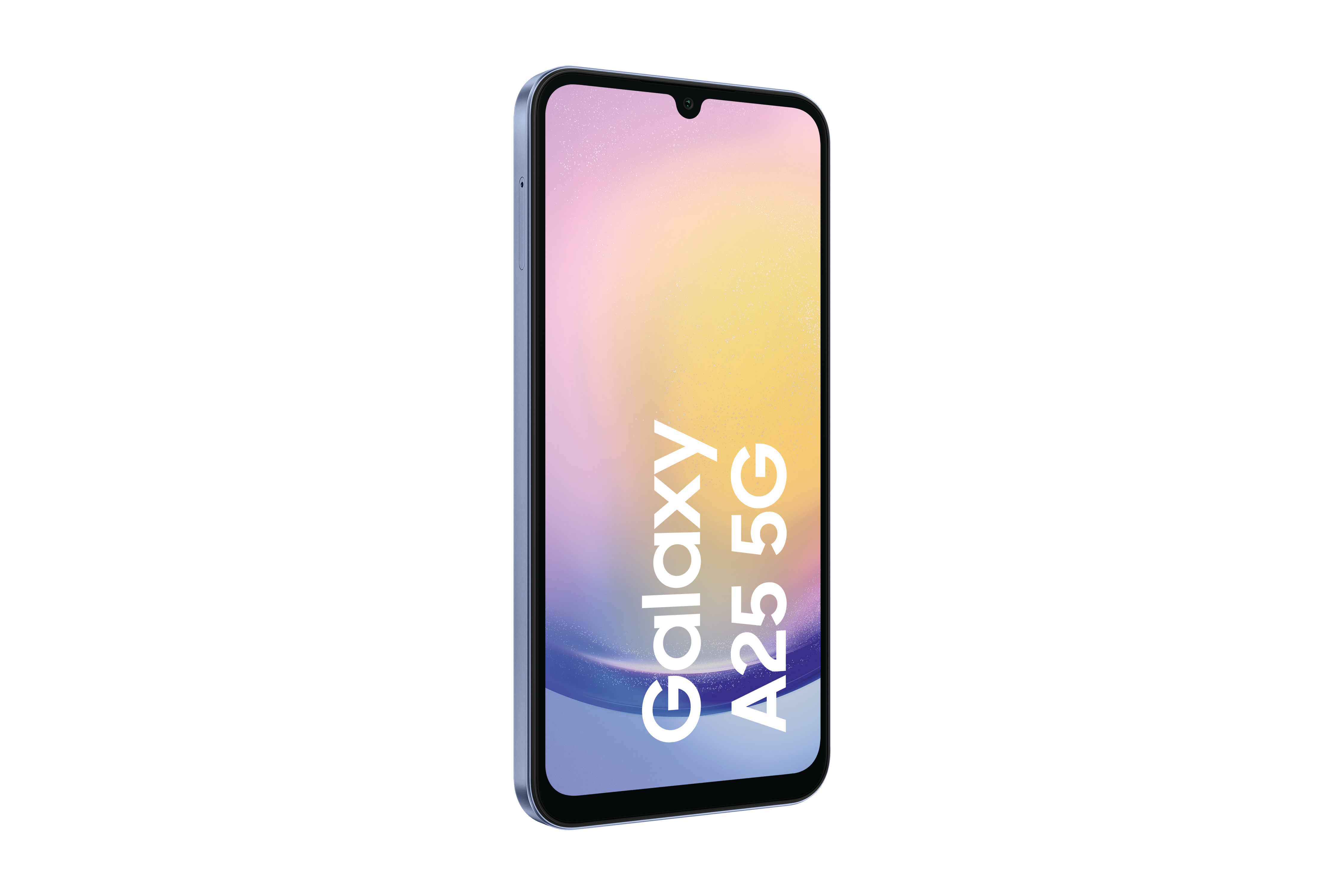Ein blaues Samsung Galaxy A25 5G-Telefon, schräg gezeigt, mit Text auf dem Bildschirm.