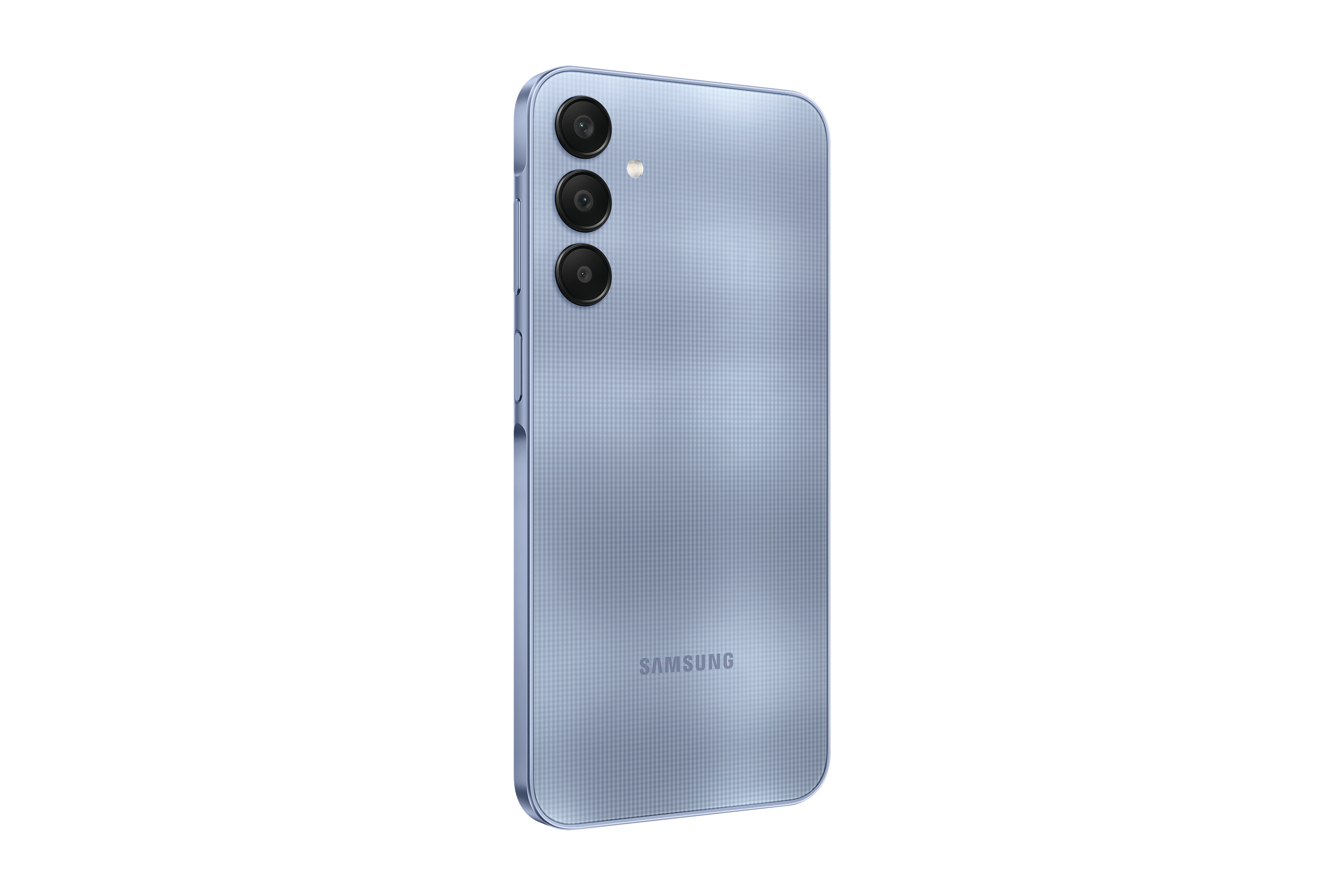 Blaues Samsung-Telefon, Rückansicht. Dreifachkamera und Samsung-Logo. Weißer Hintergrund, vertikal.