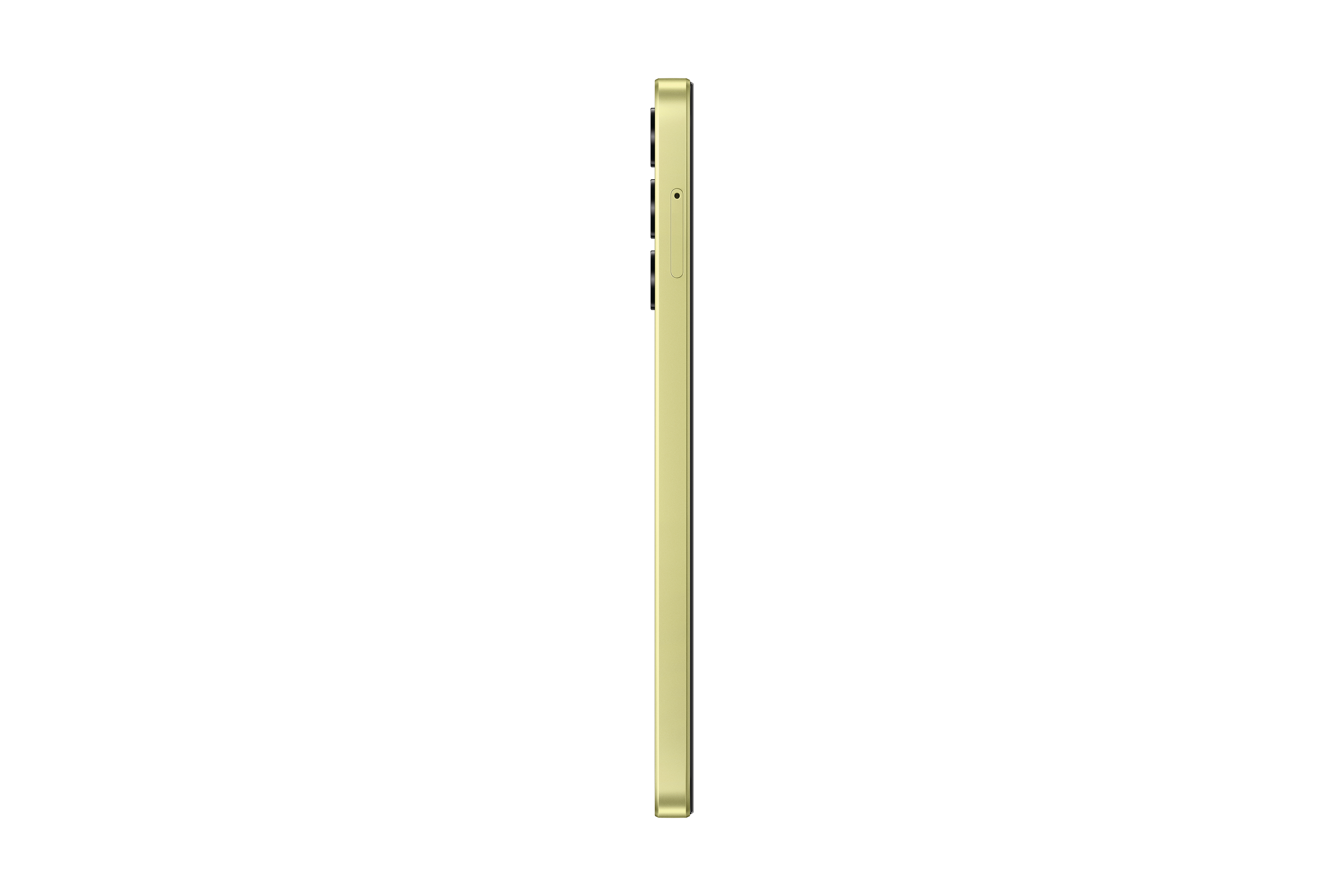 Eine Seitenansicht eines goldfarbenen Smartphones, schlank und elegant, auf weißem Hintergrund.