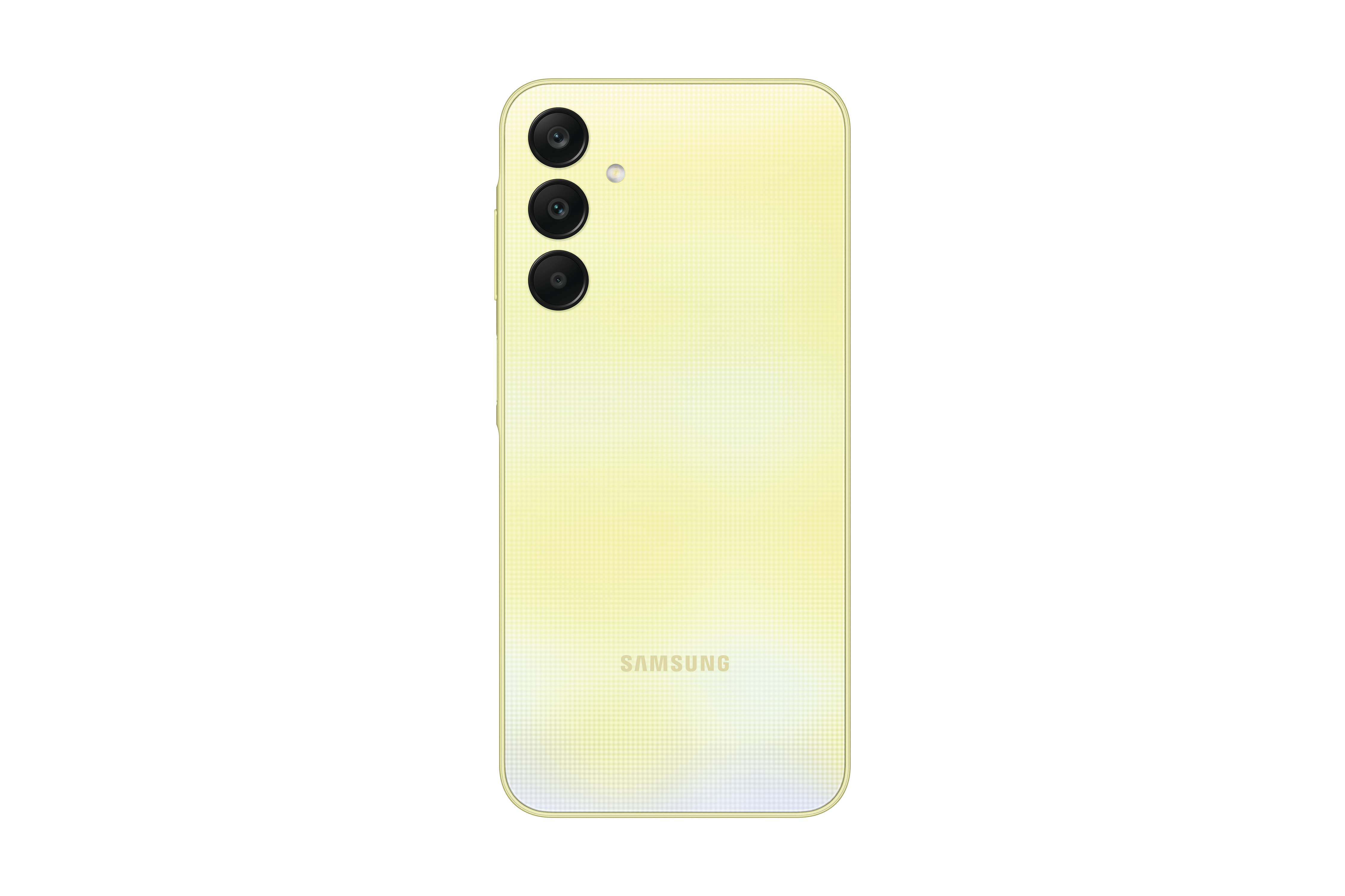 Ein hellgelbes Samsung-Telefon mit drei Rückkameras auf weißem Hintergrund.
