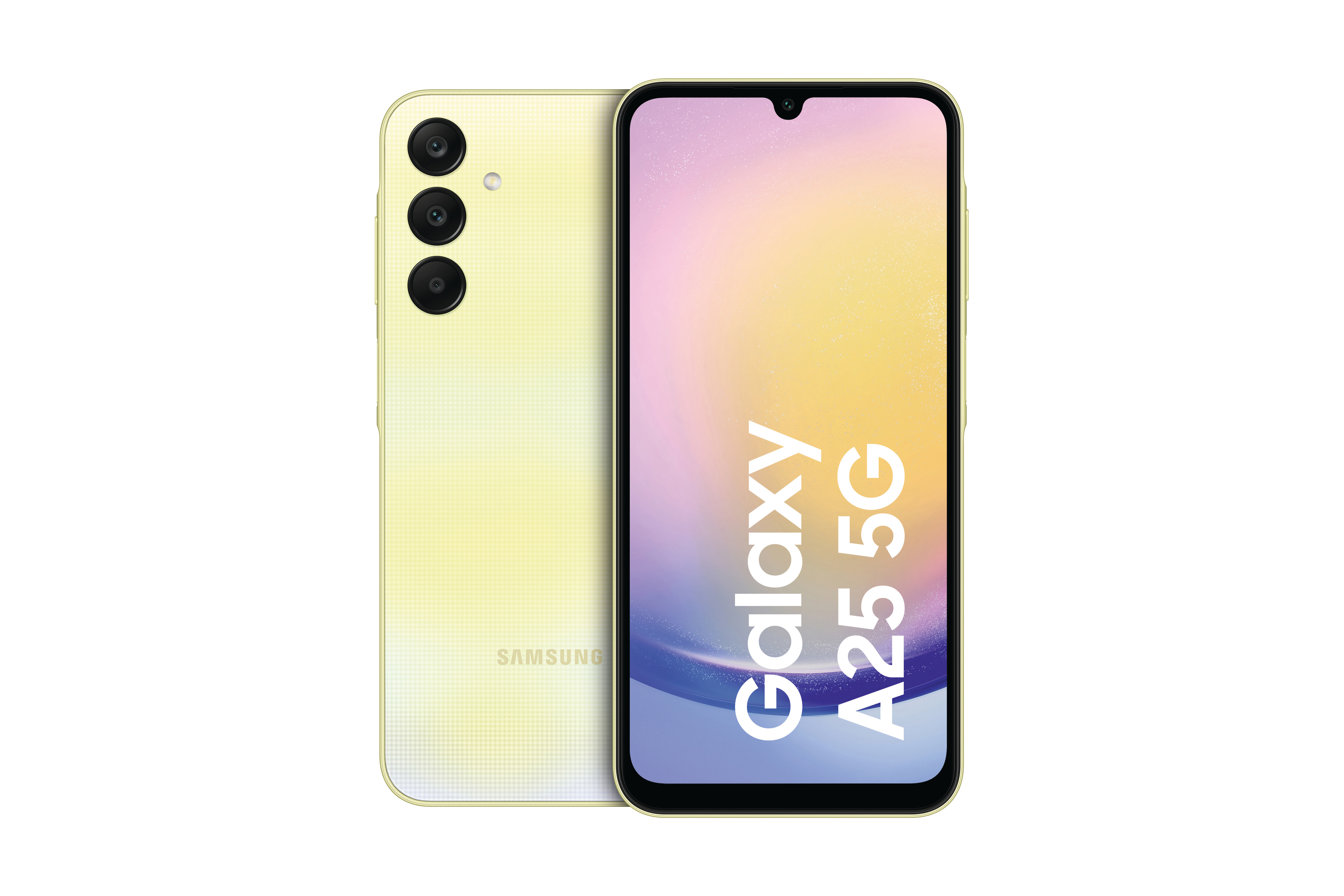Gelbes Samsung Galaxy A25 5G Telefon, Rück- und Vorderansicht, auf weißem Hintergrund.