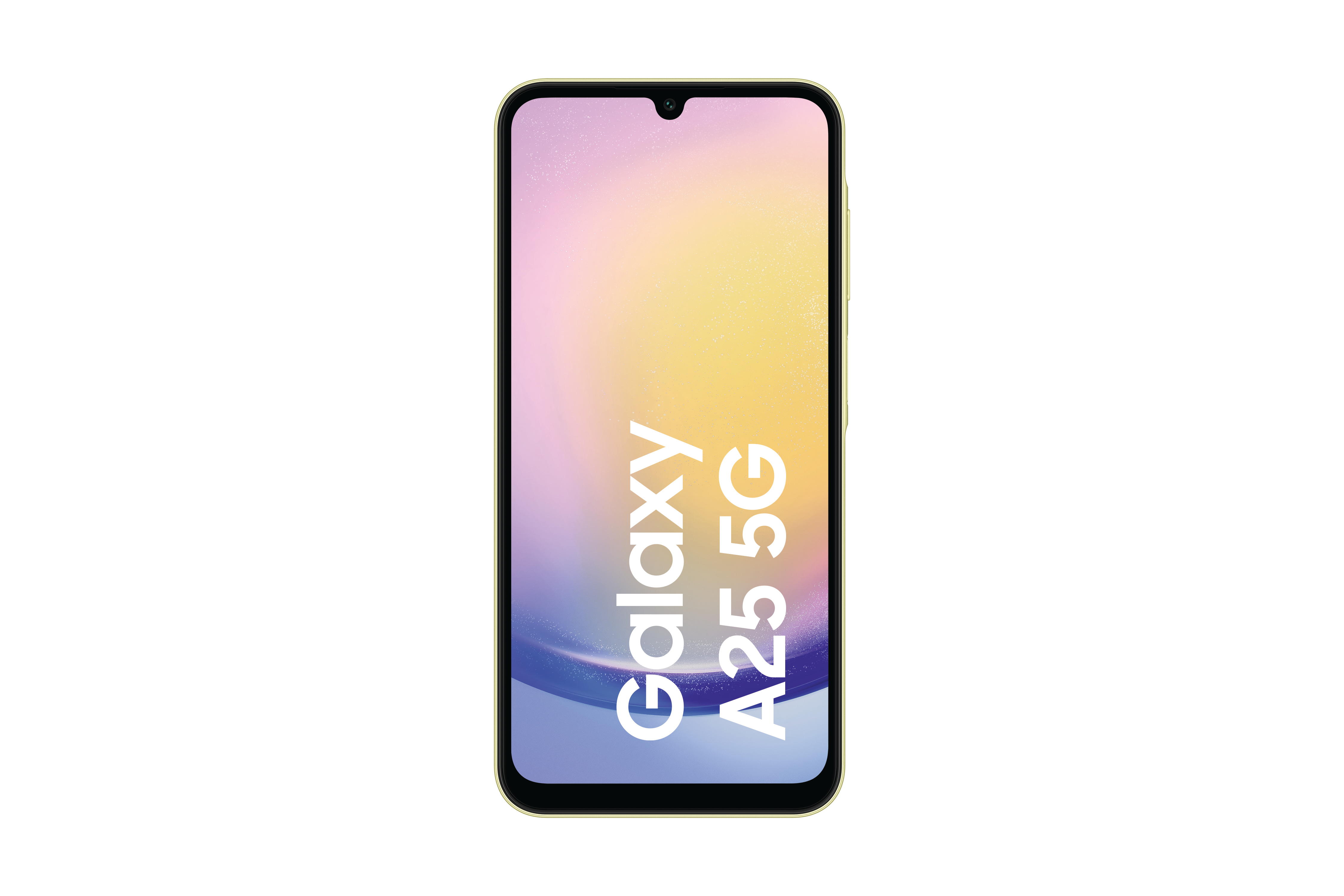 Smartphone mit gelbem Rahmen, Text auf dem Bildschirm, weißer Hintergrund.