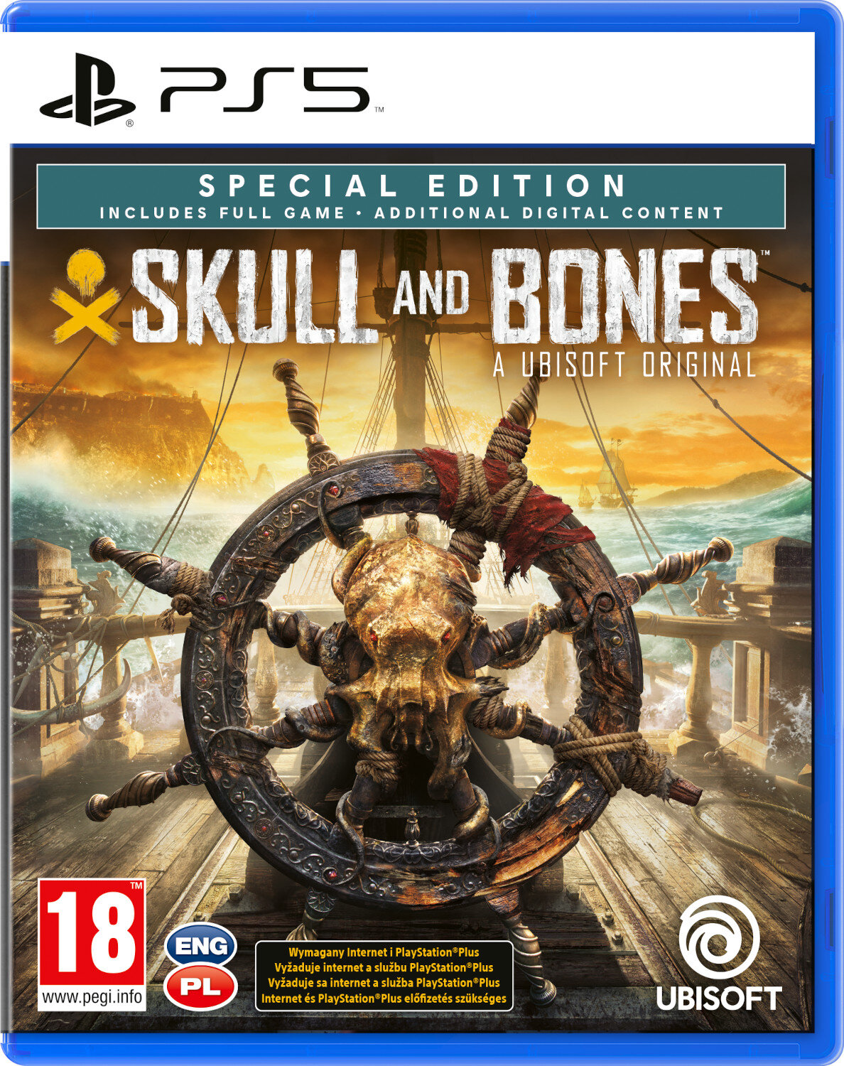 Pudełko gry PS5, 'Skull and Bones', z kołem sterowym statku i motywem pirackim, na niebieskim tle.
