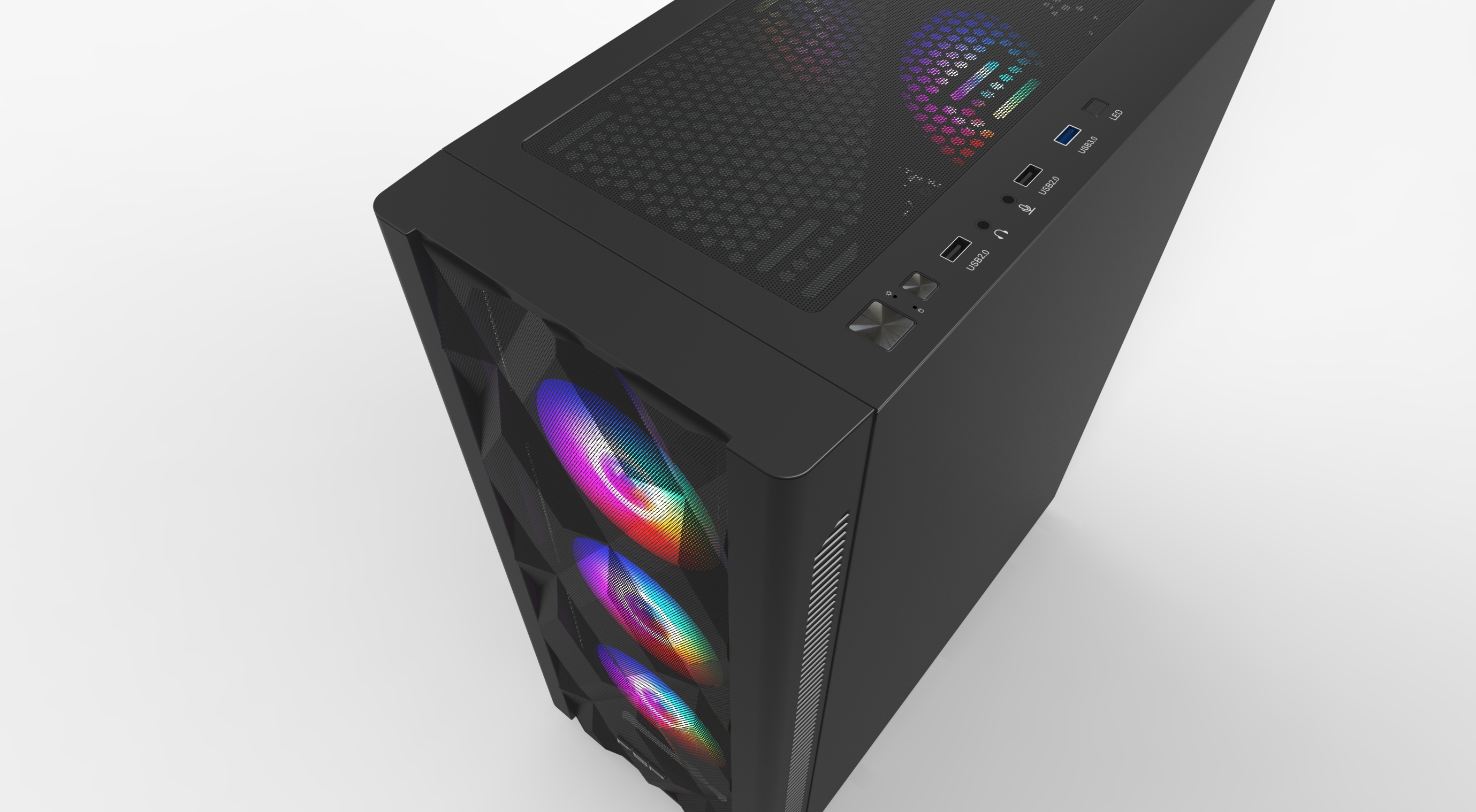 RGB fanlı siyah PC kasası. Ön panelde renkli ışıklı üç fan var. Güç düğmesi ve USB portları görünür.