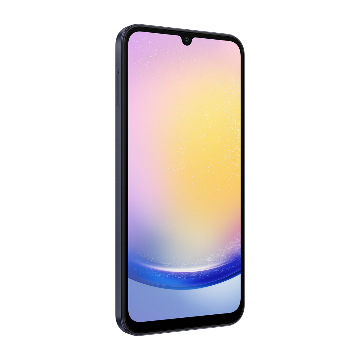 Renkli ekranlı mavi bir akıllı telefon, siyah bir arka plan üzerinde.