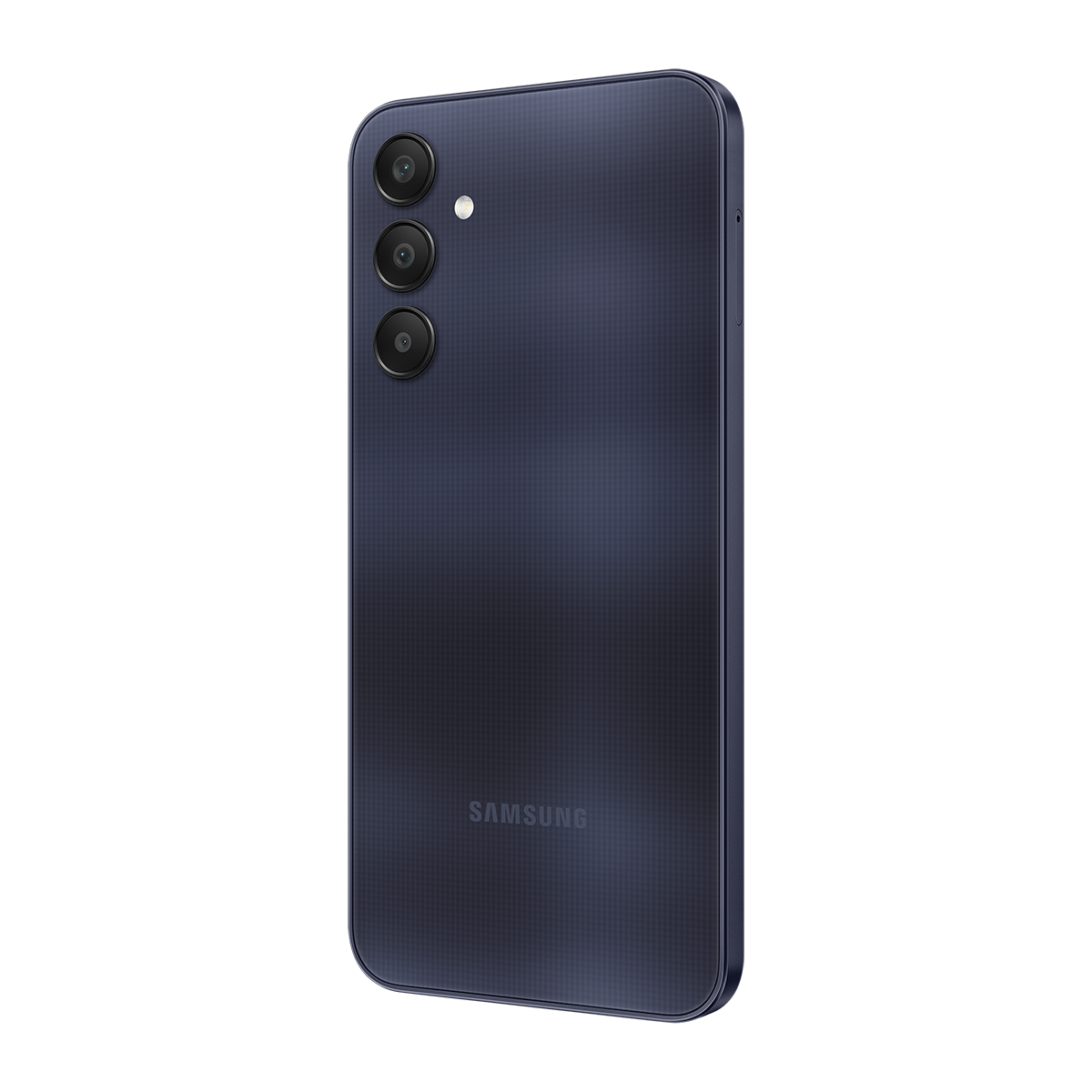 Koyu mavi Samsung telefon, arka görünüm, üç kamera ve marka adı görünür durumda.