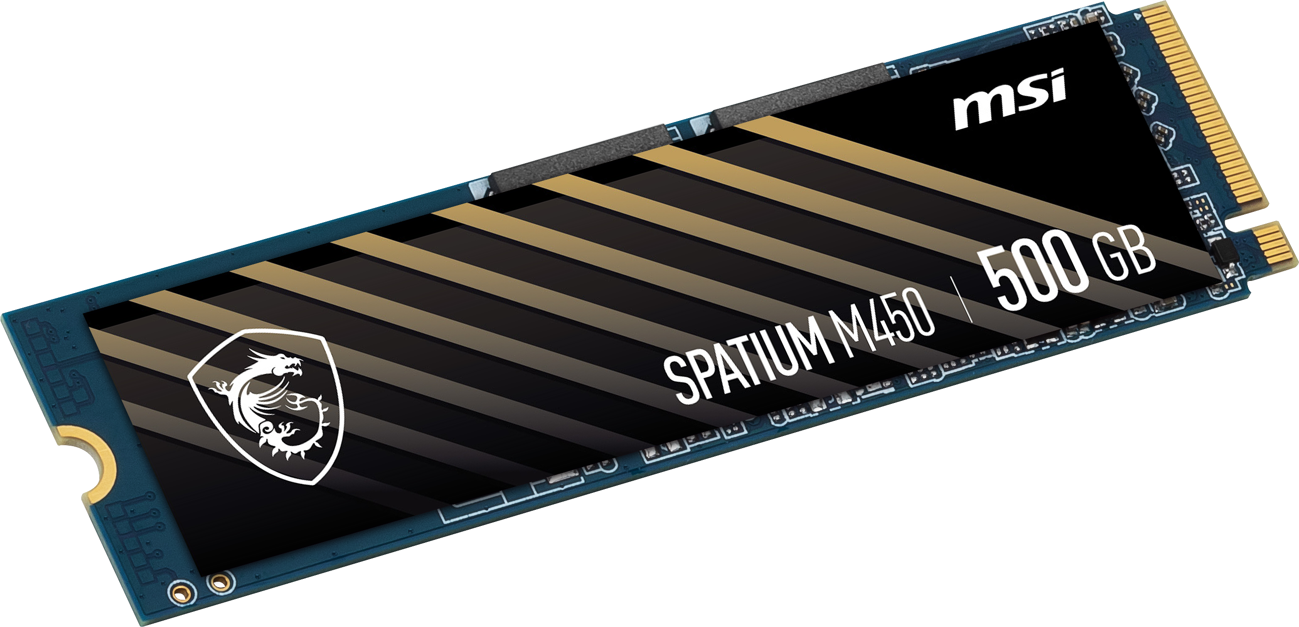 Siyah bir arka plan üzerinde bir MSI SPATIUM M450 500 GB SSD. SSD, altın çizgili mavidir.
