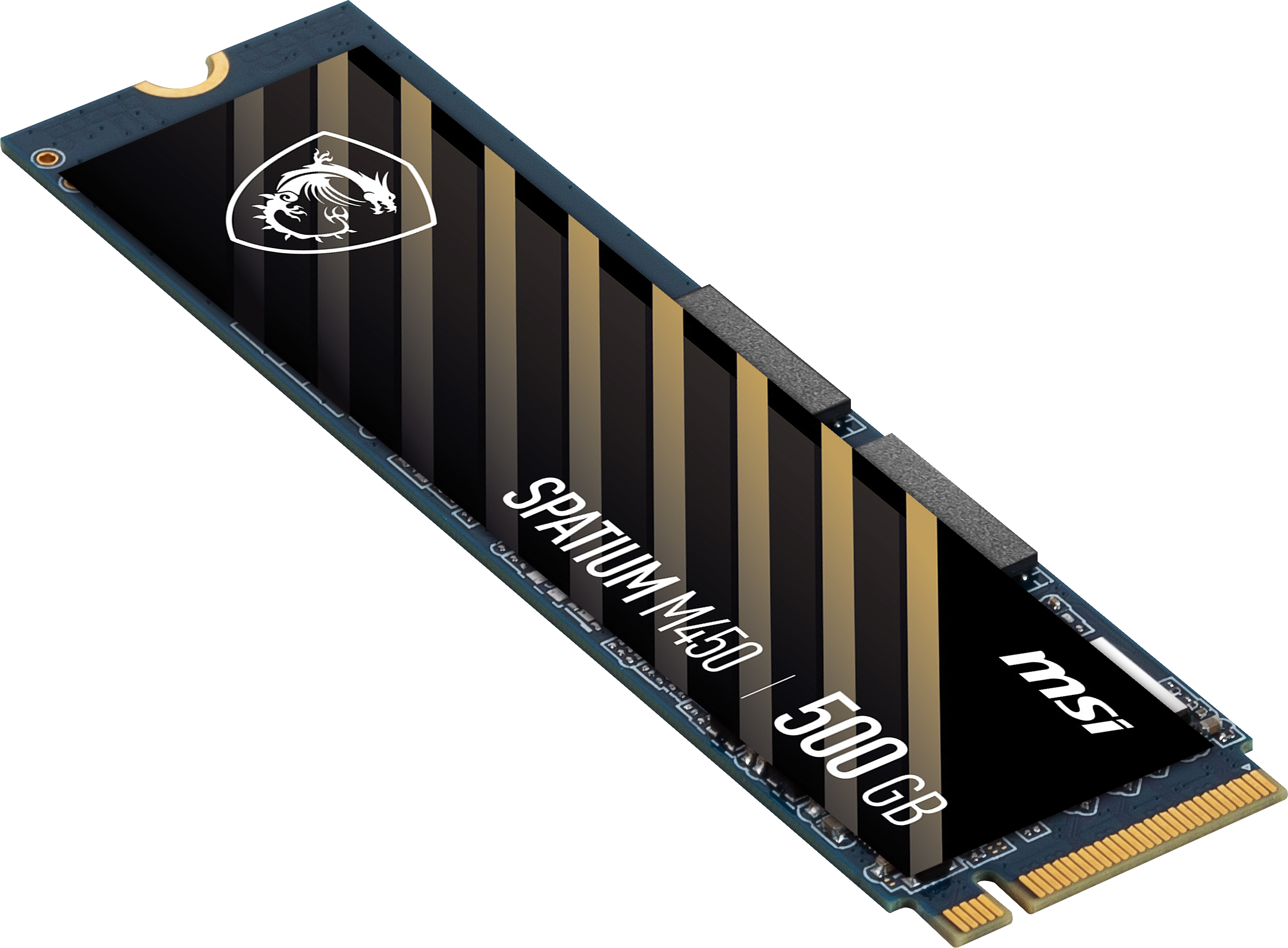 MSI Spatium M450 500GB. Ejderha logolu ve altın vurgulu siyah bir SSD.