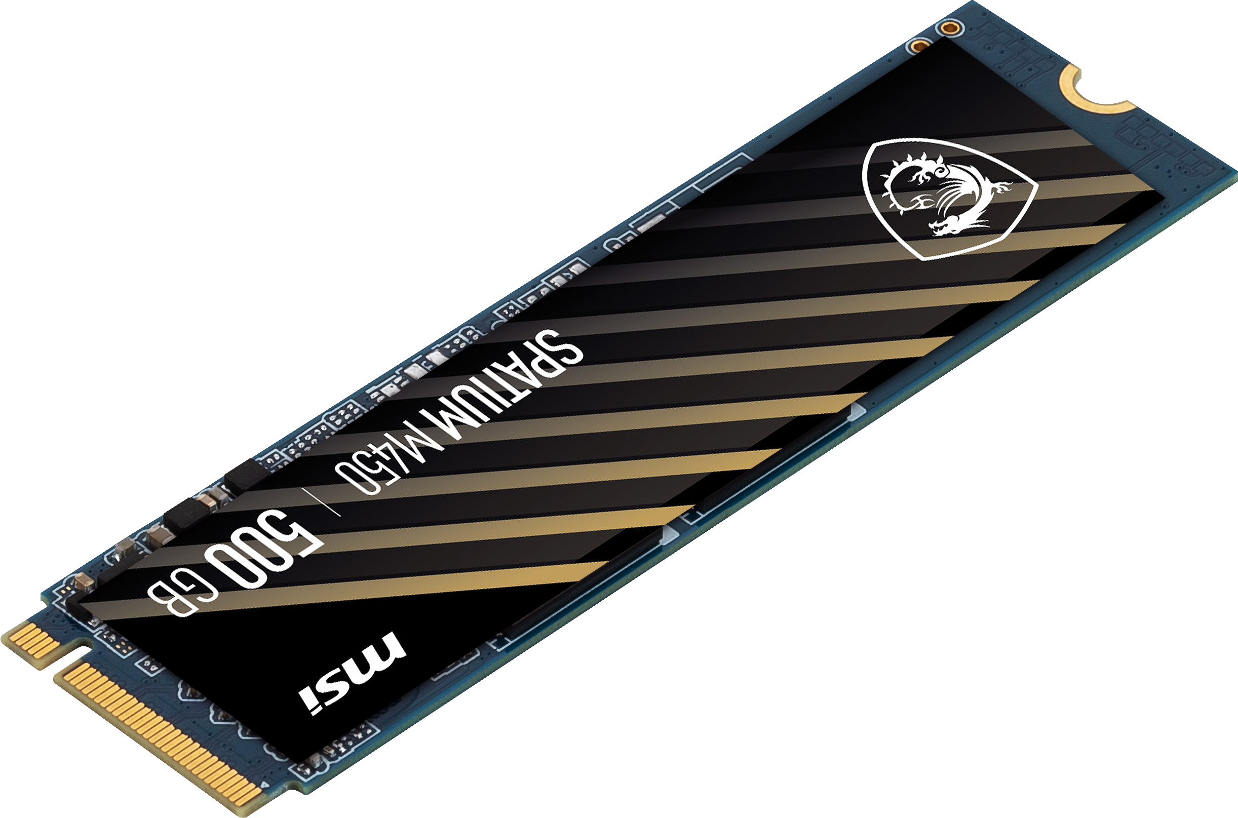 SPATIUM M450 yazılı ve MSI logolu, siyah ve altın renkli M.2 SSD.