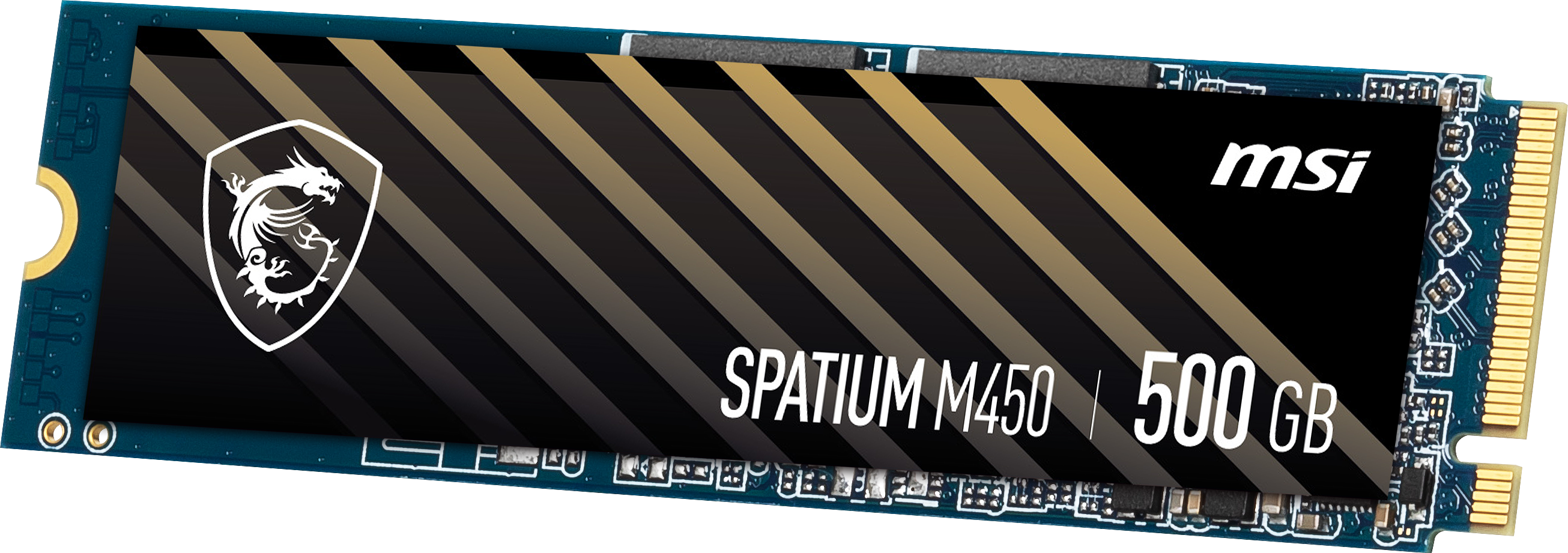 MSI Spatium M450 500 GB SSD. Siyah, altın renkli tasarım ve MSI logosu.
