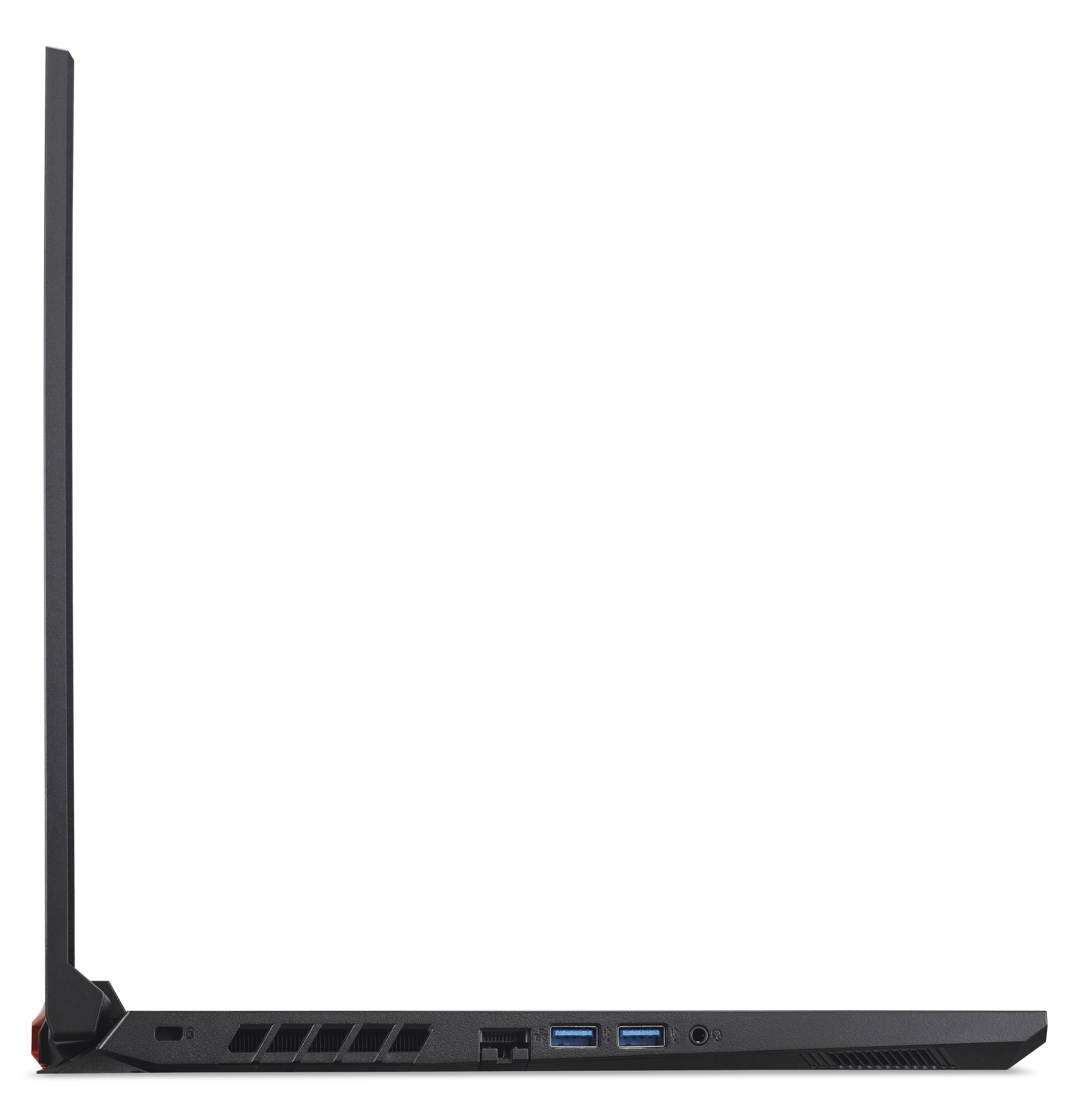 Seitenansicht eines schwarzen Laptops mit Anschlüssen und Lüftungsschlitzen.