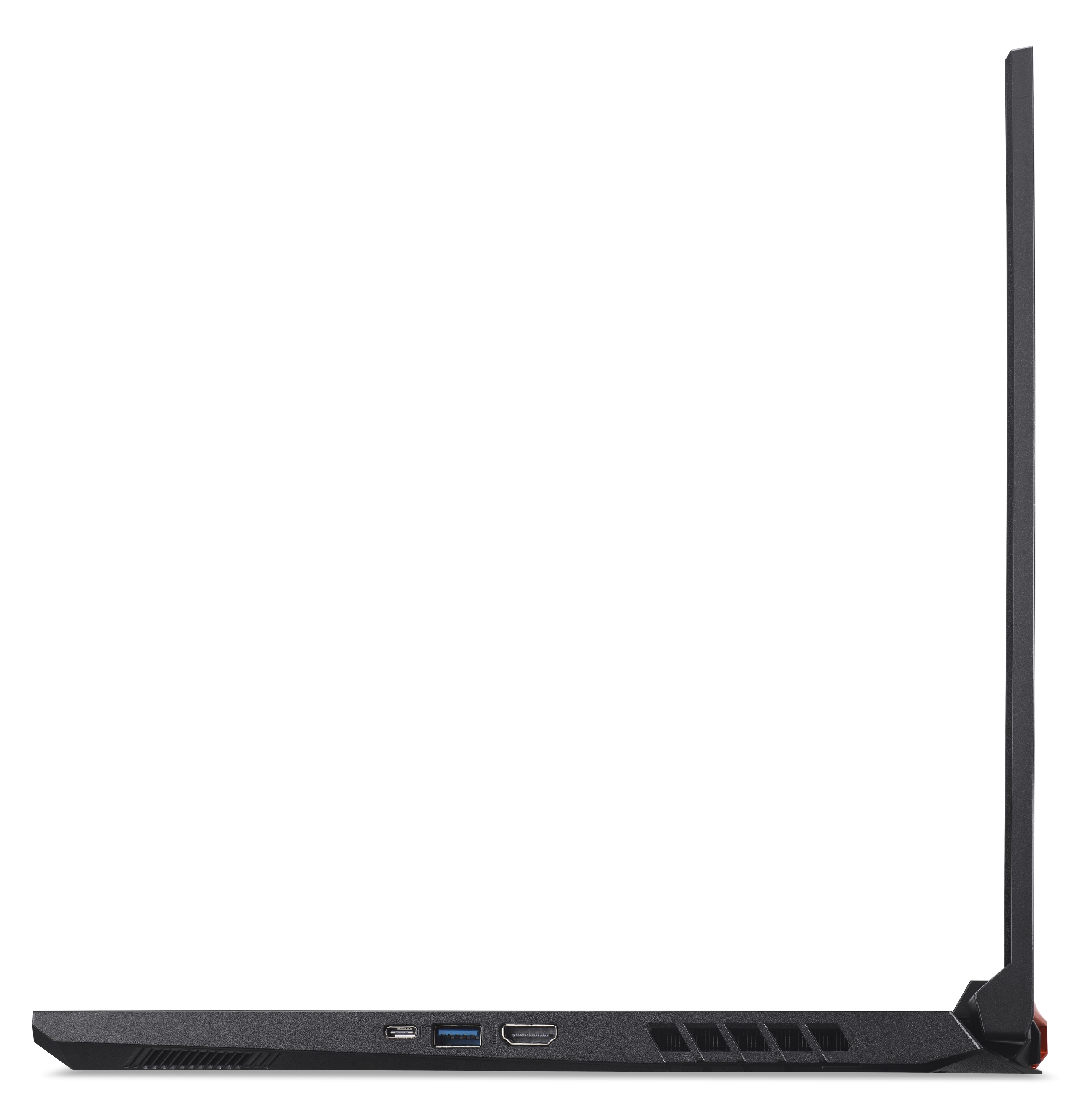 Seitenansicht eines schwarzen Laptops mit Anschlüssen und Lüftungsschlitzen auf einer weißen Oberfläche.