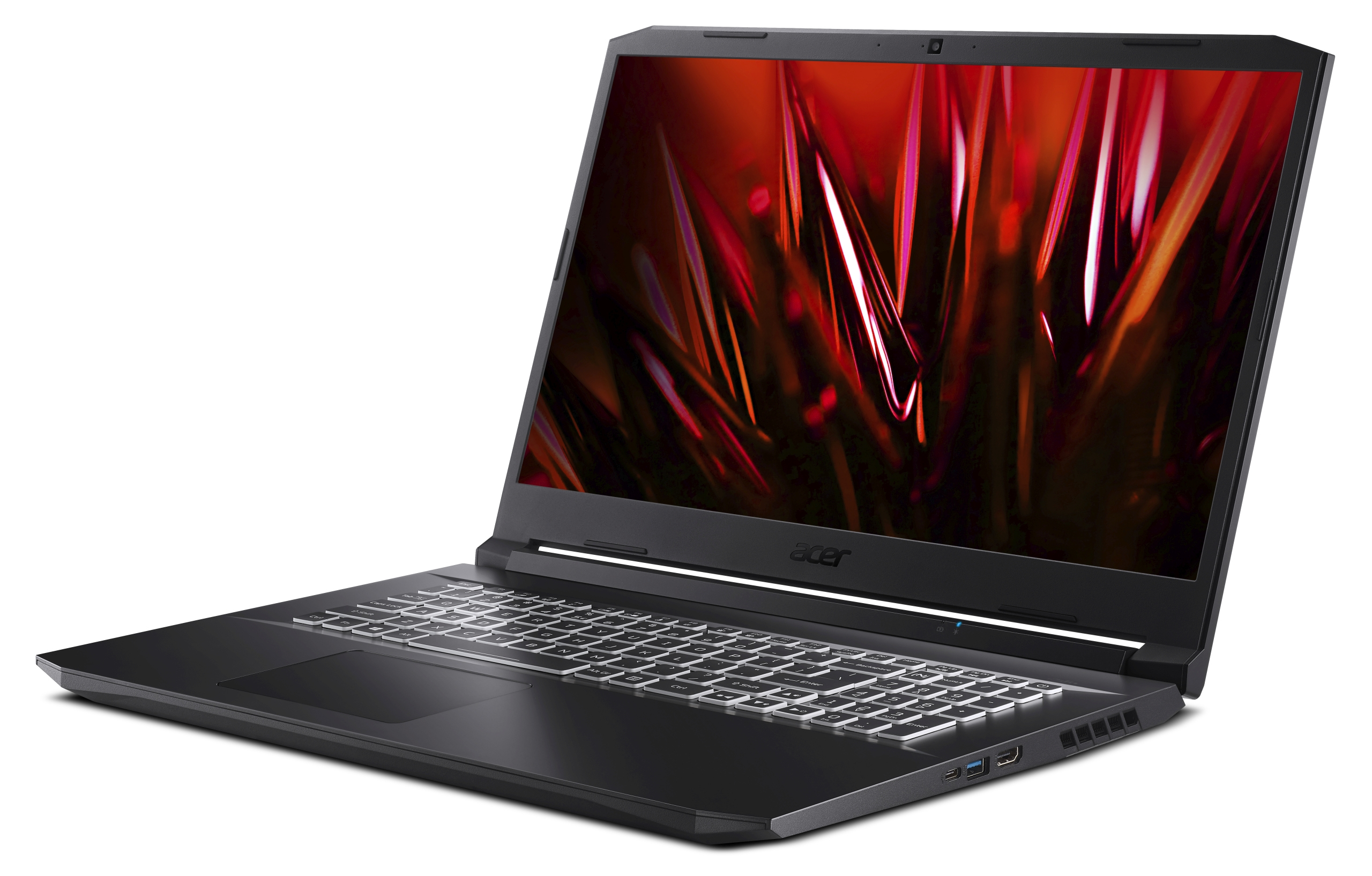 Schwarzer Acer-Laptop mit rotem abstrakten Bildschirmhintergrund und beleuchteter Tastatur.